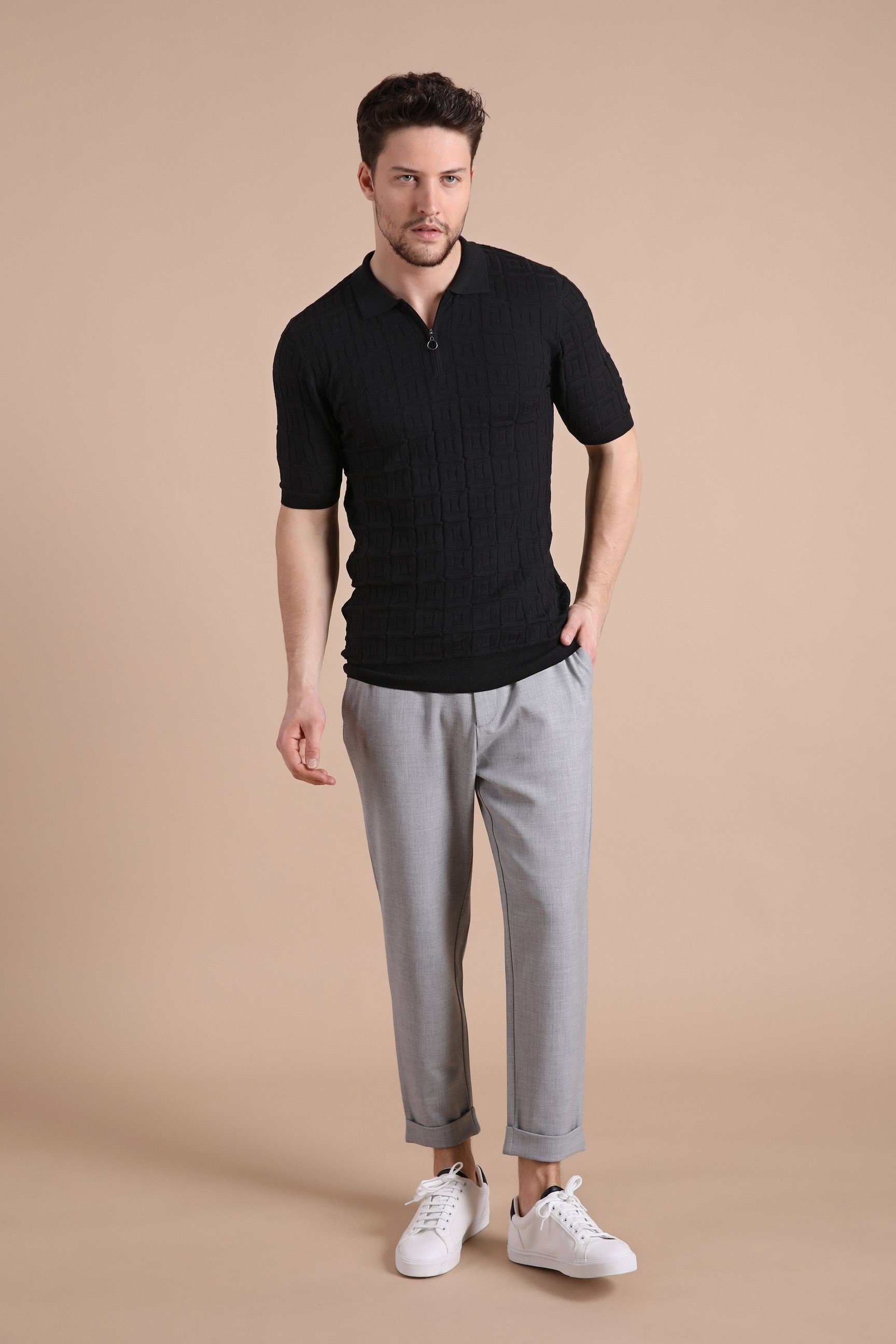 Ferraro Siyah Polo Yaka Fermuarlı Erkek Pamuk Triko T-Shirt