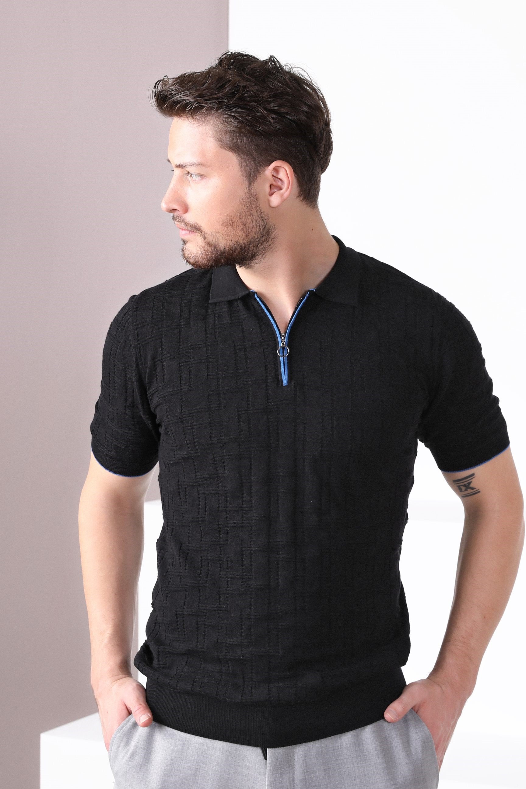 Ferraro Siyah Polo Yaka Fermuarlı Erkek Pamuk Triko T-Shirt