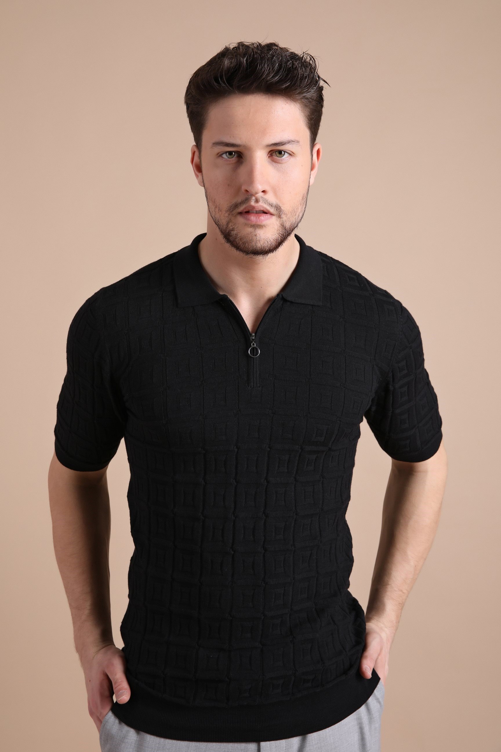 Ferraro Siyah Polo Yaka Fermuarlı Erkek Pamuk Triko T-Shirt