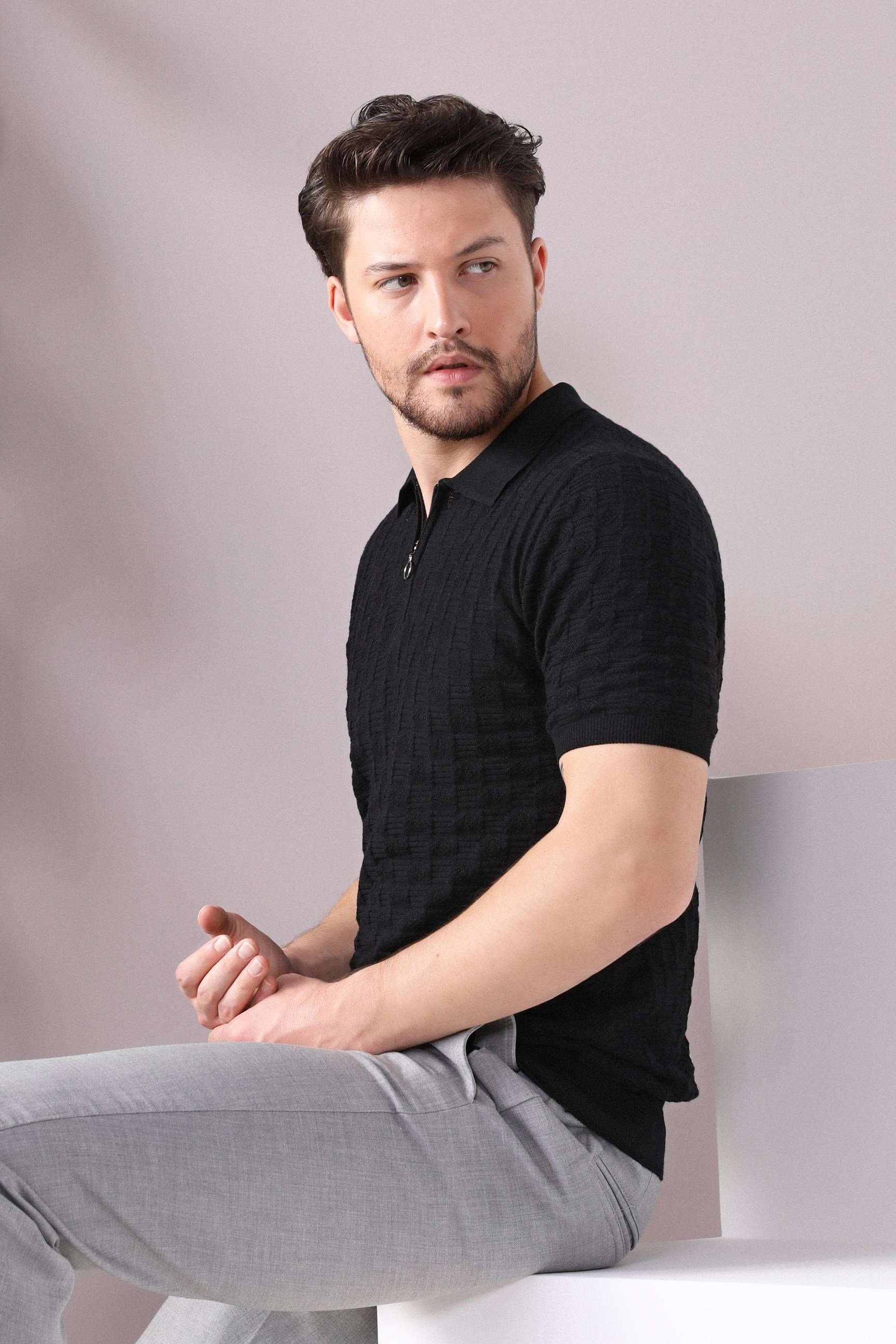 Ferraro Siyah Polo Yaka Fermuarlı Erkek Pamuk Triko T-Shirt