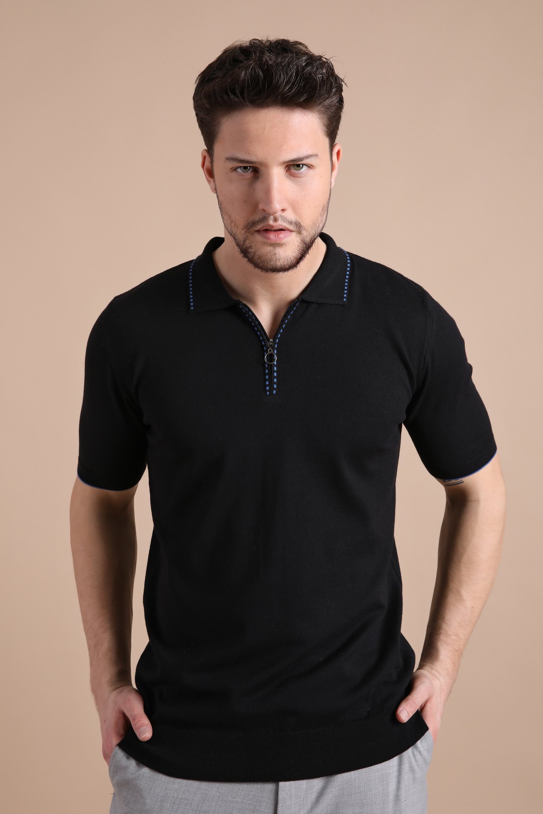 Ferraro Siyah Polo Yaka Fermuarlı Erkek Pamuk Triko T-Shirt