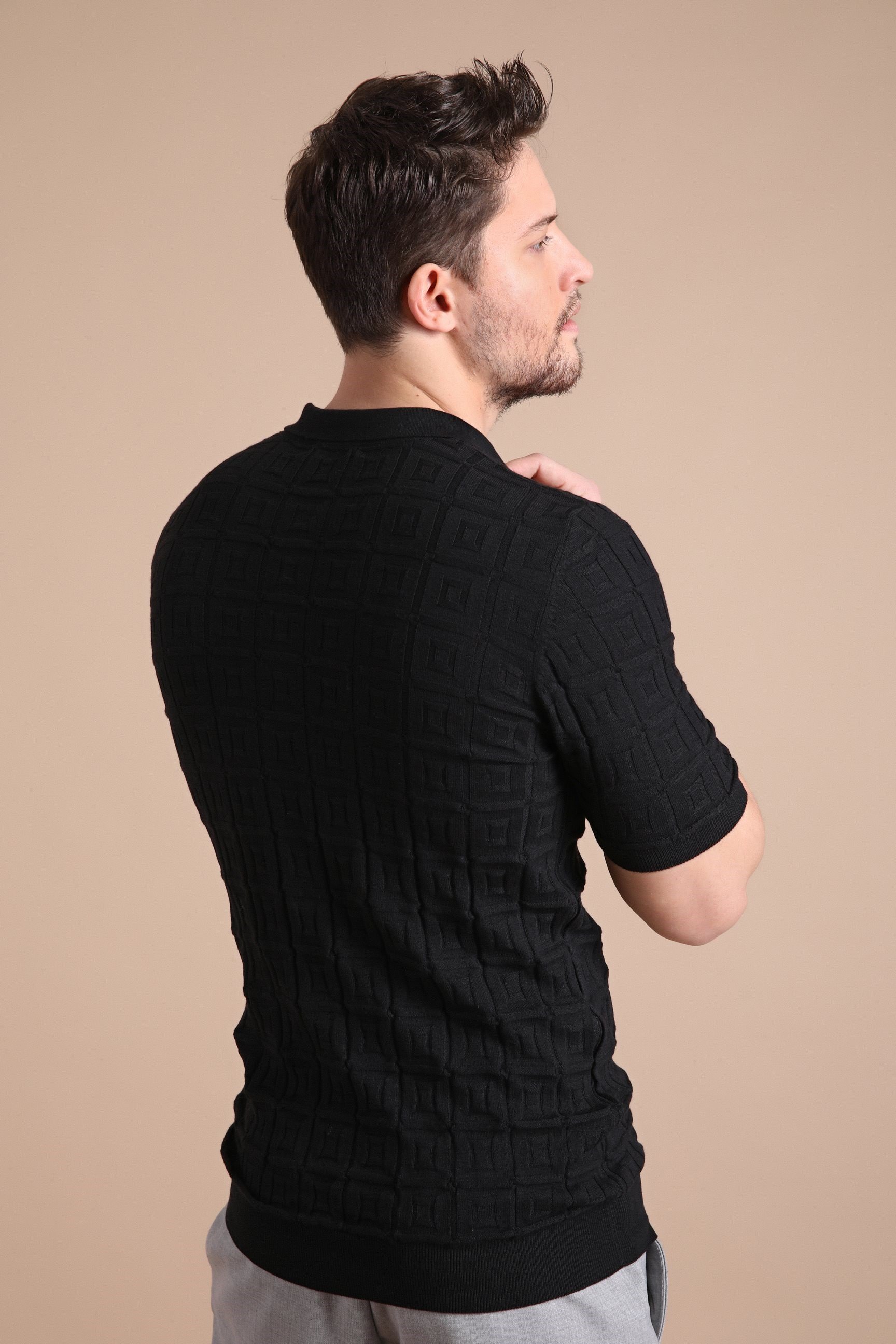 Ferraro Siyah Polo Yaka Fermuarlı Erkek Pamuk Triko T-Shirt