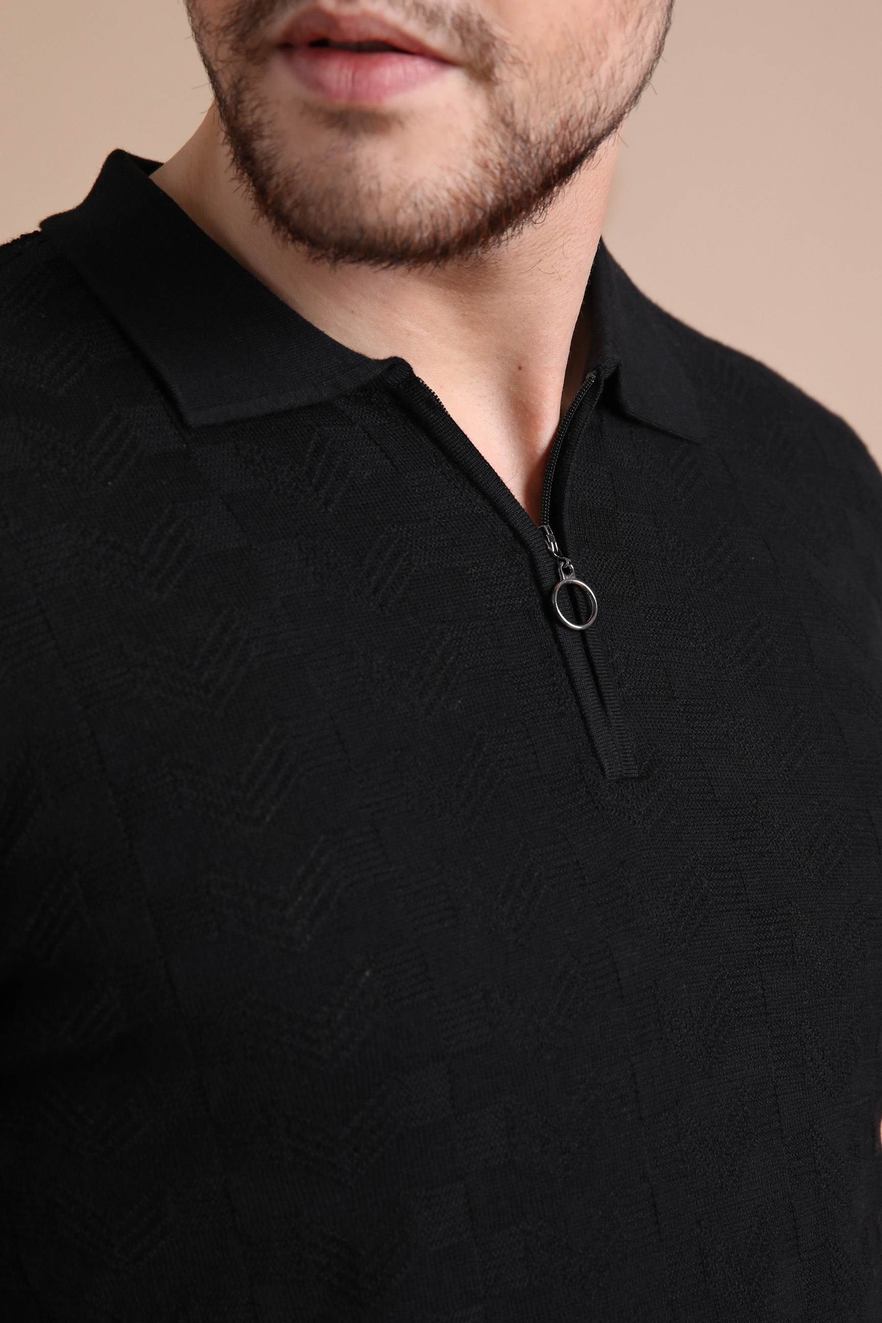 Ferraro Siyah Polo Yaka Fermuarlı Erkek Pamuk Triko T-Shirt
