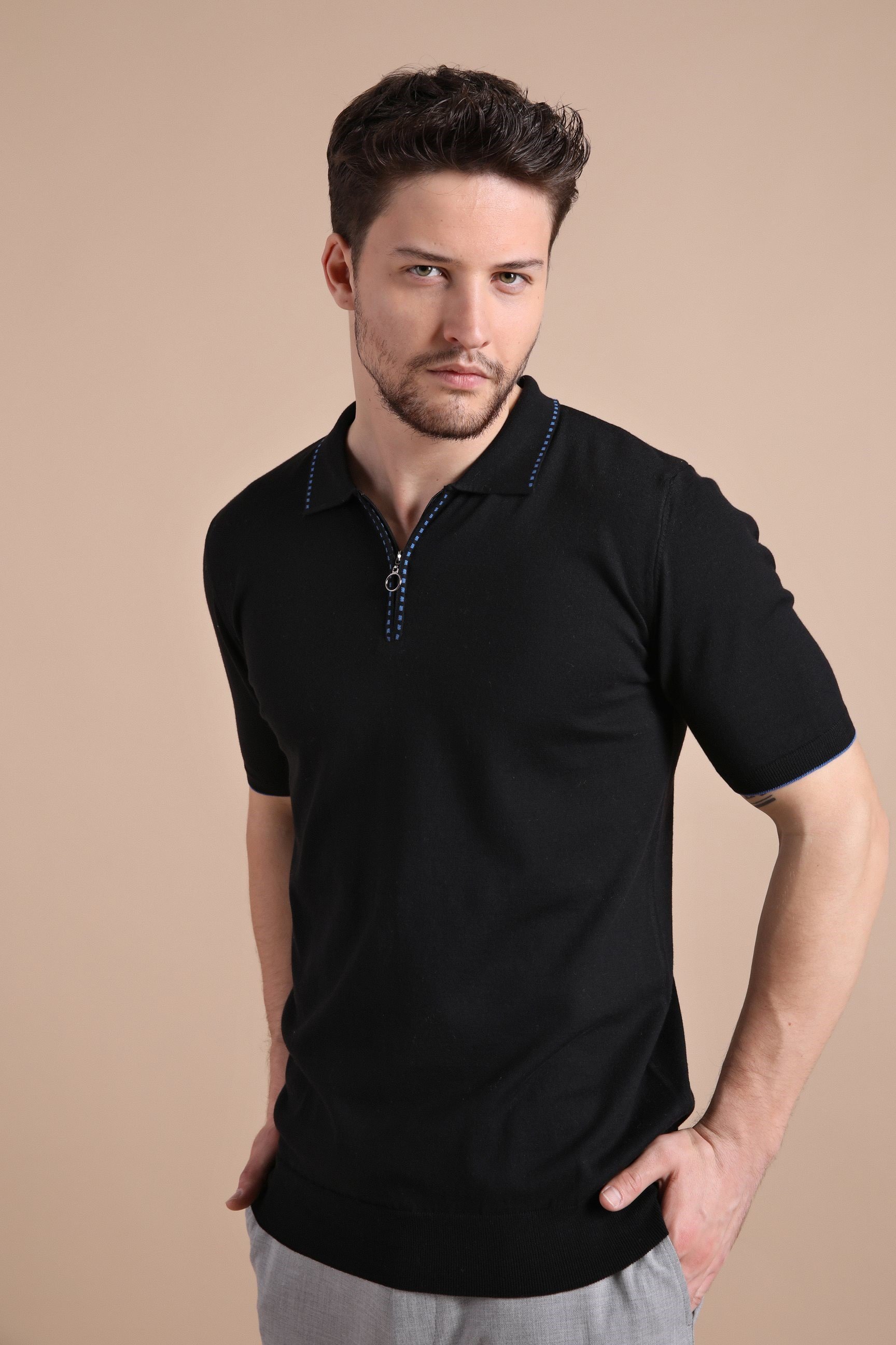 Ferraro Siyah Polo Yaka Fermuarlı Erkek Pamuk Triko T-Shirt
