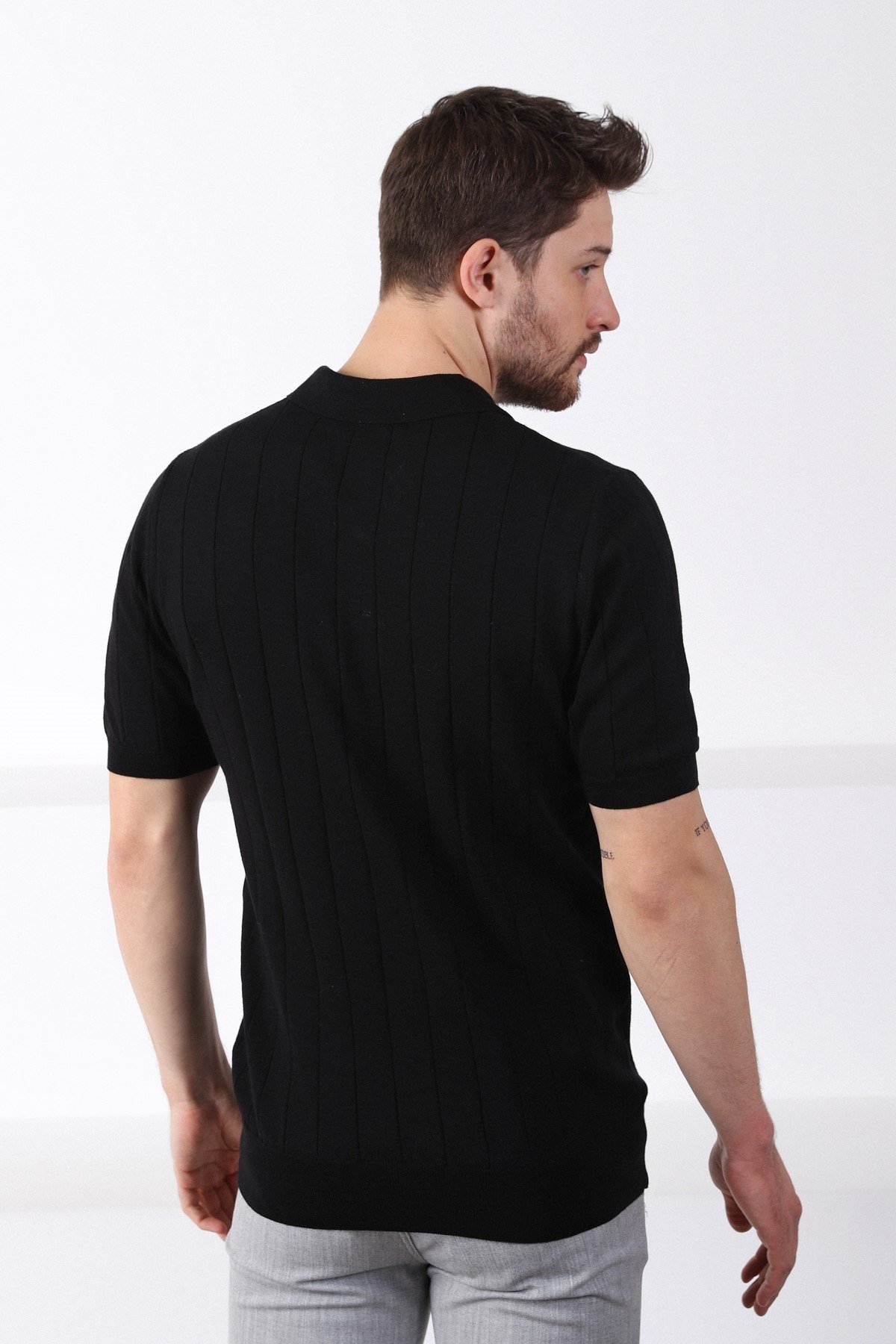 Ferraro Siyah Polo Yaka Fitilli Erkek Pamuk Triko T-Shirt