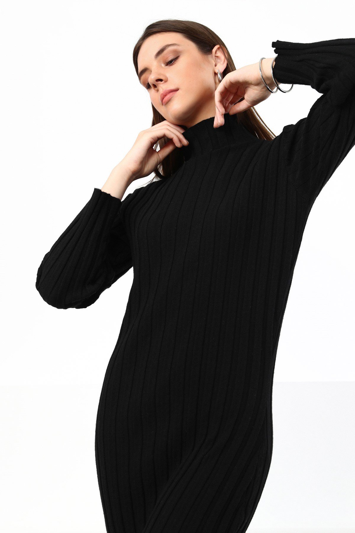 Ferraro Siyah Yarım Balıkçı Fitilli Midi Boy Kaşmirli Kadın Triko Elbise