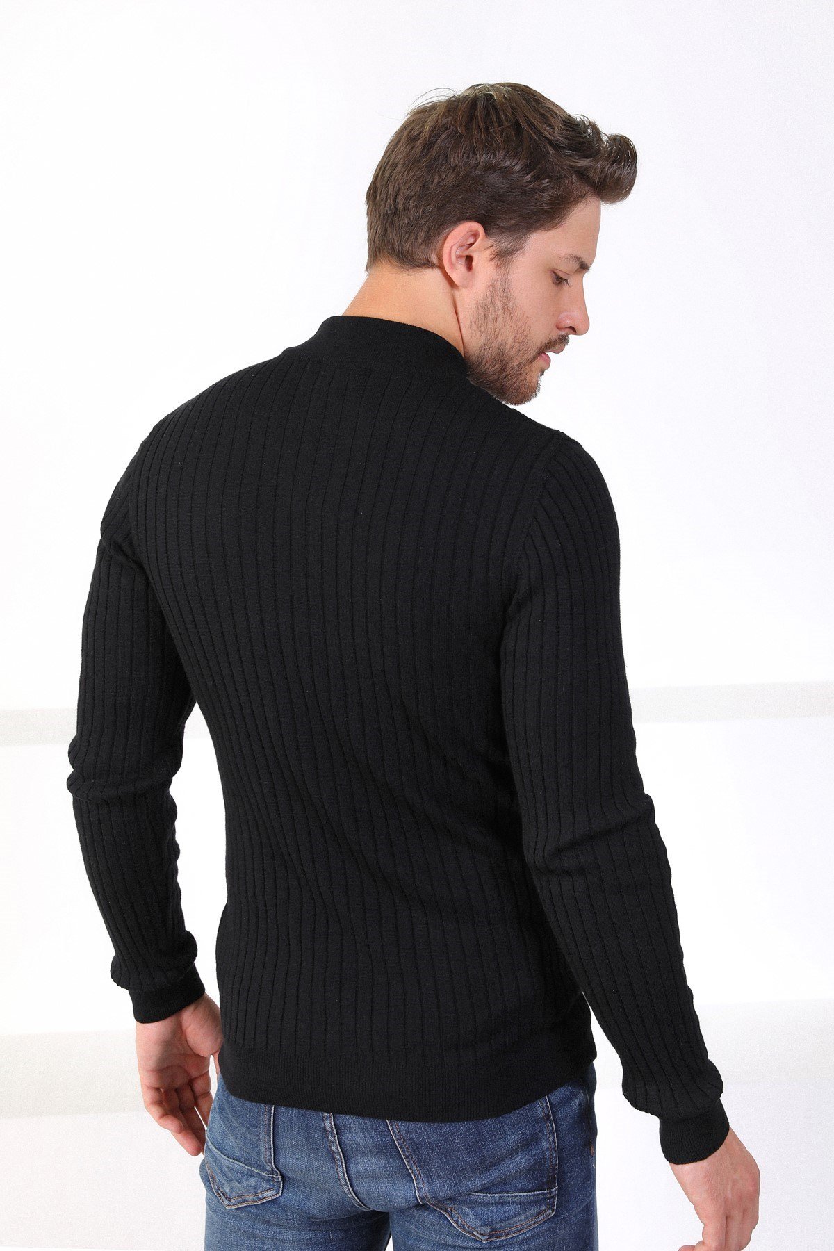 Ferraro Siyah Yarım Balıkçı Yaka Fitilli Erkek Kazak