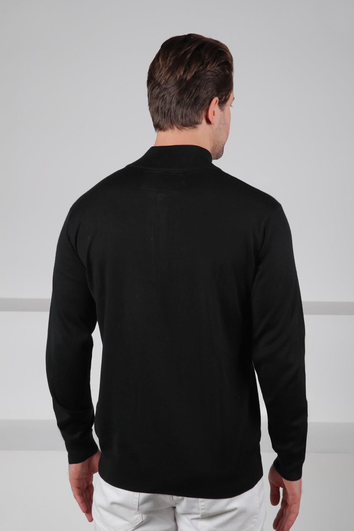 Ferraro Siyah Yarım Fermuarlı Dik Yaka Uzun Kollu Süperfine Erkek Triko Kazak