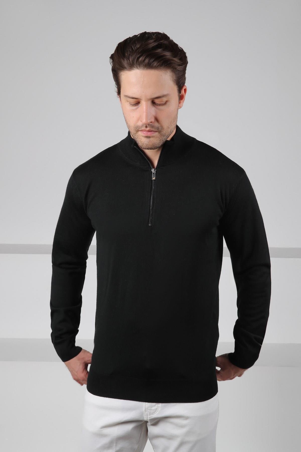Ferraro Siyah Yarım Fermuarlı Dik Yaka Uzun Kollu Süperfine Erkek Triko Kazak