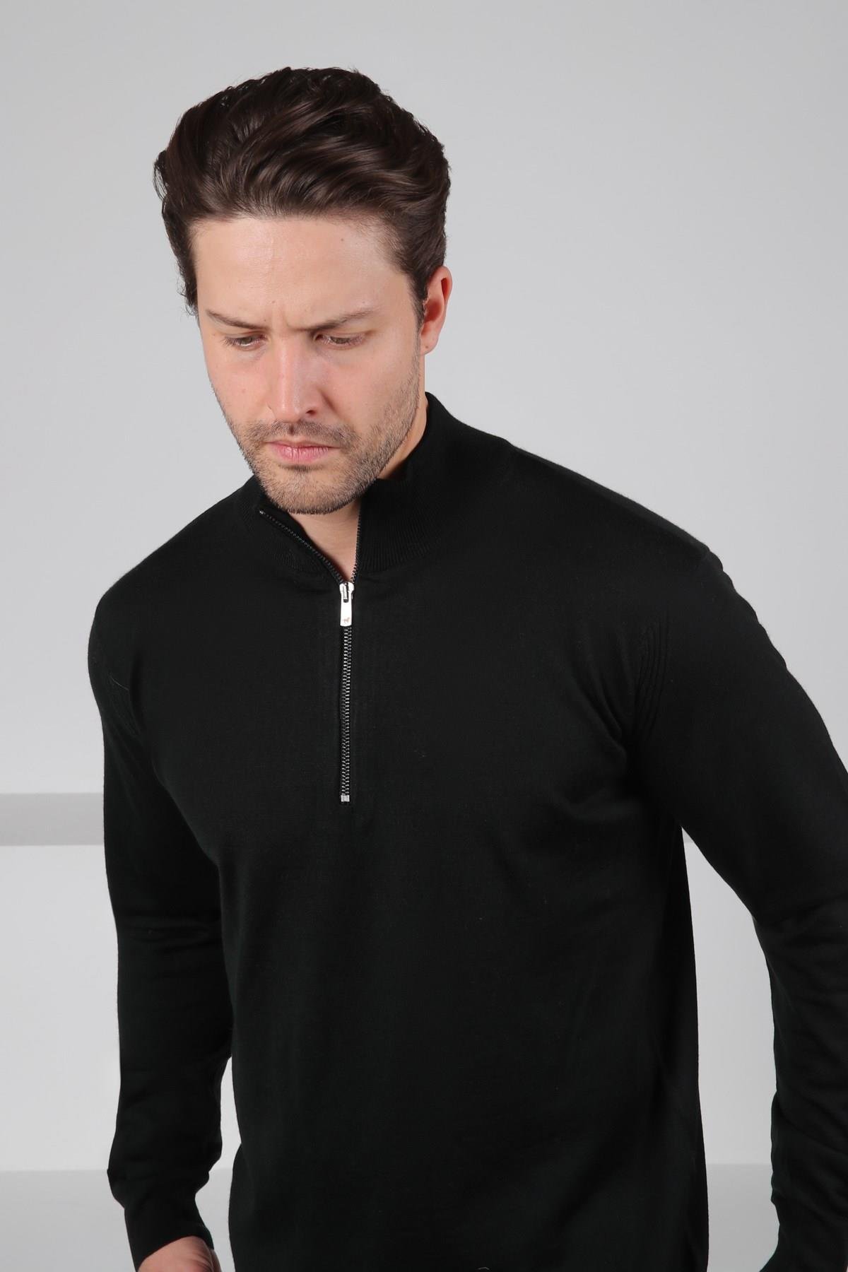 Ferraro Siyah Yarım Fermuarlı Dik Yaka Uzun Kollu Süperfine Erkek Triko Kazak