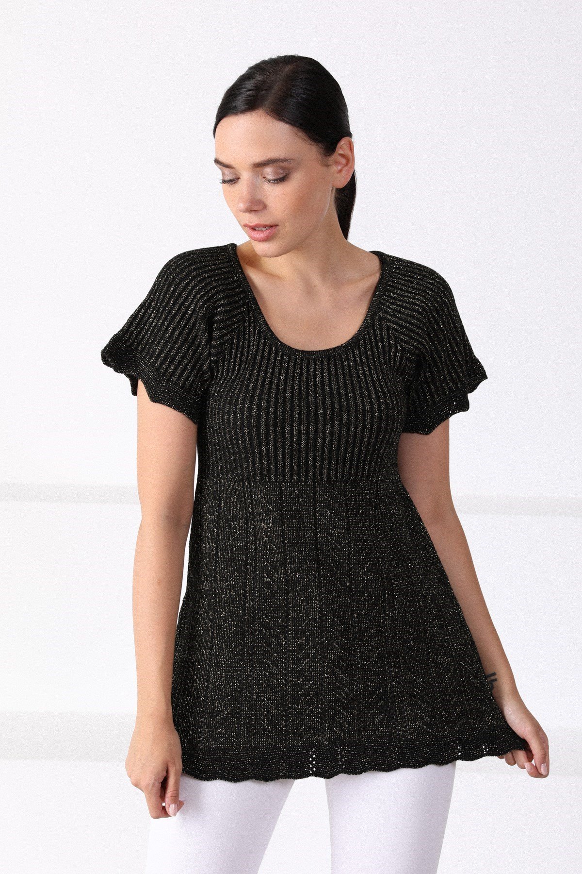 Ferraro Siyah Yuvarlak Yaka Bel Büzgülü Kadın Triko Kazak