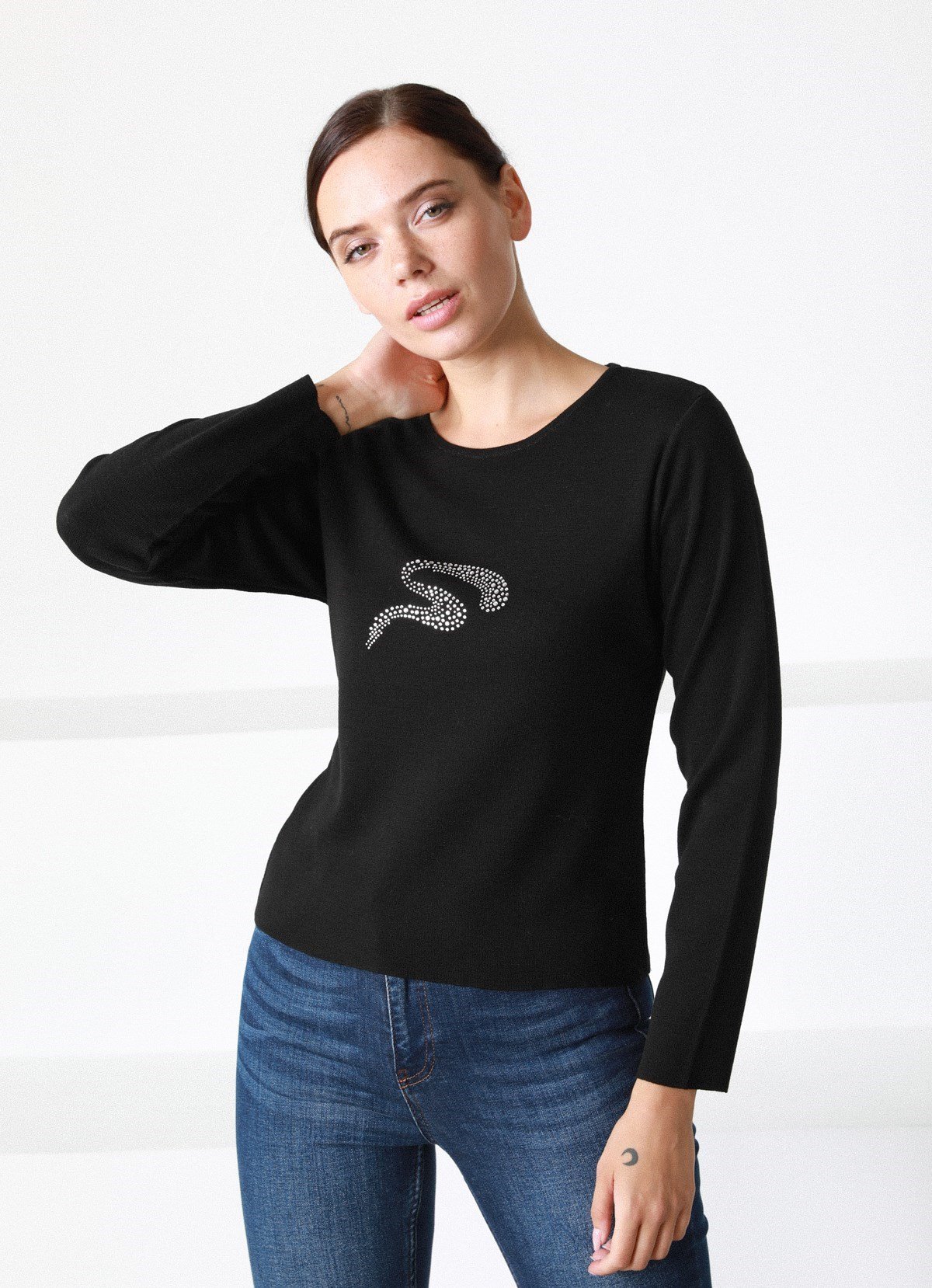 Ferraro Siyah Yuvarlak Yaka İtalyan Merino Yünü Kadın Triko Kazak