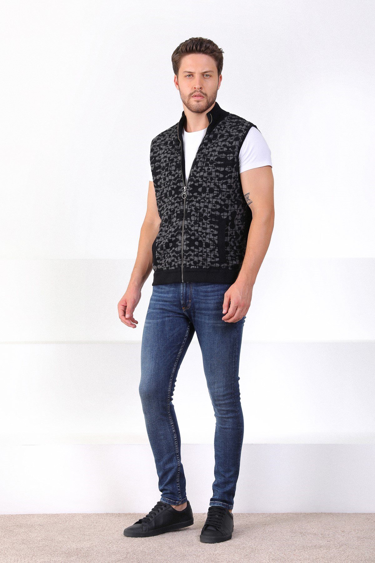 Ferraro Siyah/Antrasit Dik Yaka Cepli Pamuk Erkek Yelek