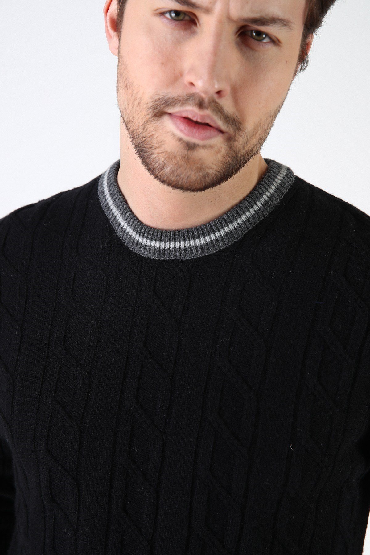 Ferraro Siyah/Füme Bisiklet Yaka %100 Kuzu Yünü Erkek Kazak