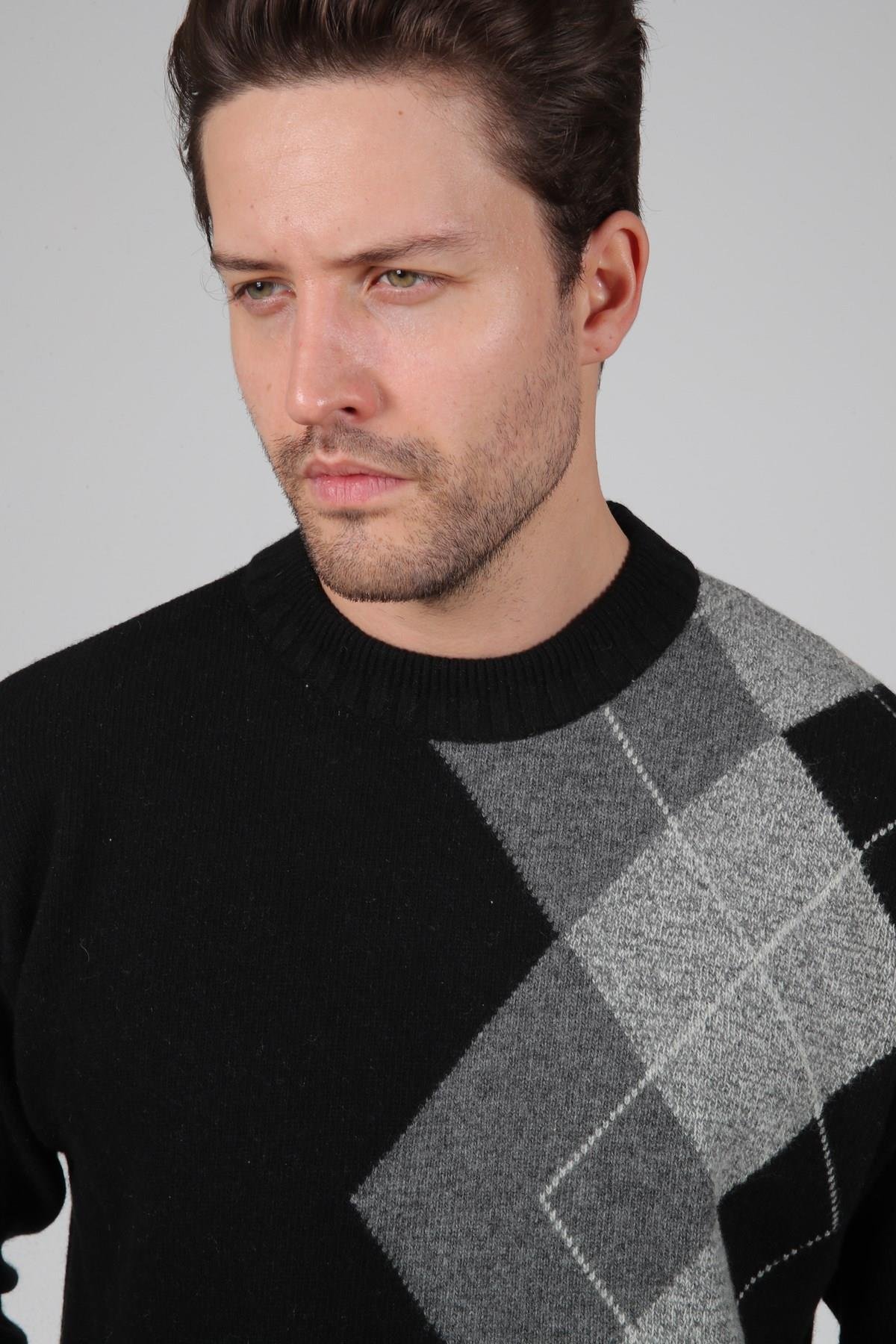 Ferraro Siyah/Füme Bisiklet Yaka Diyagonal Desenli Uzun Kollu %100 Kuzu Yünü Erkek Triko Kazak