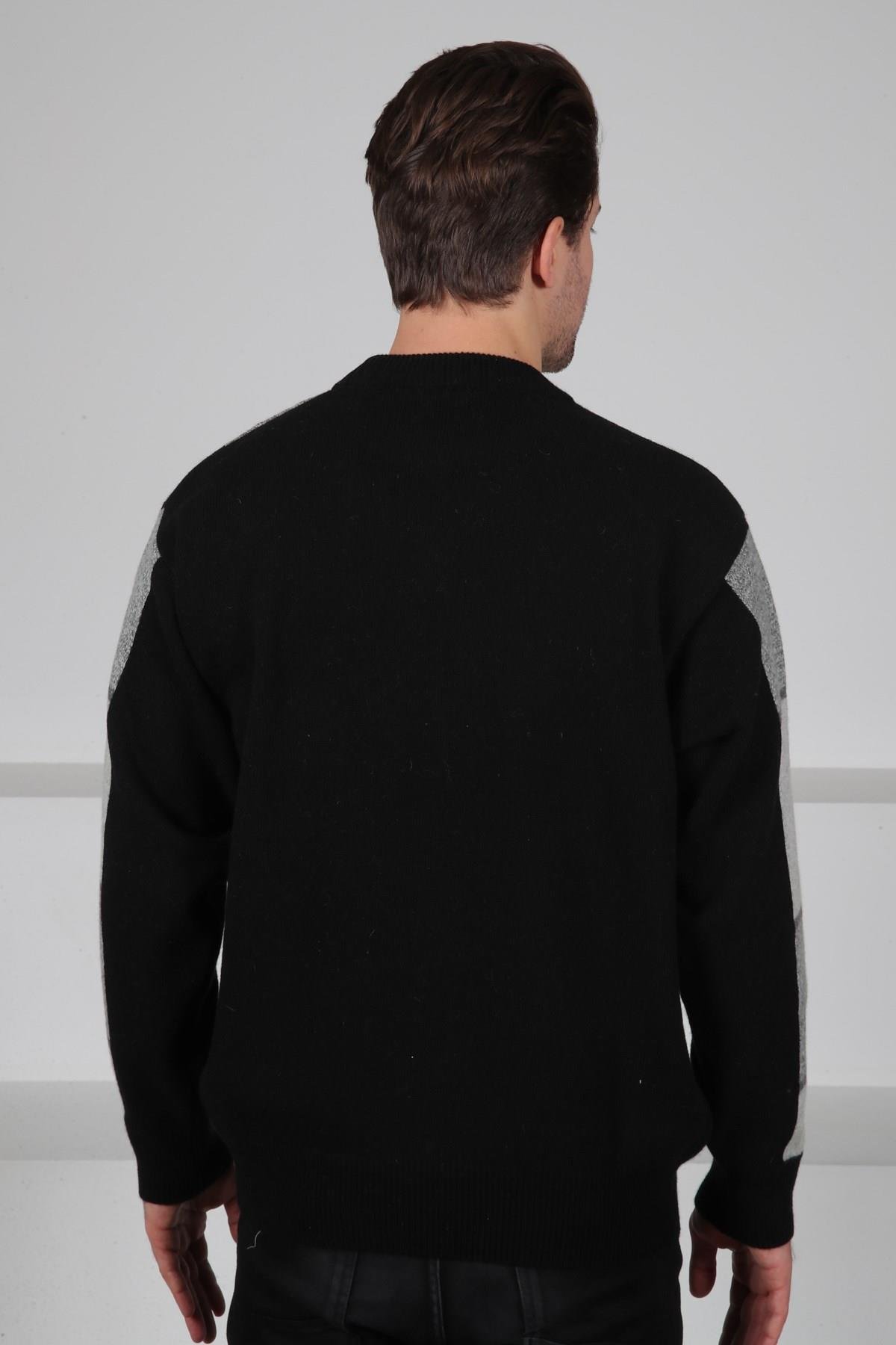 Ferraro Siyah/Füme Bisiklet Yaka Diyagonal Desenli Uzun Kollu %100 Kuzu Yünü Erkek Triko Kazak