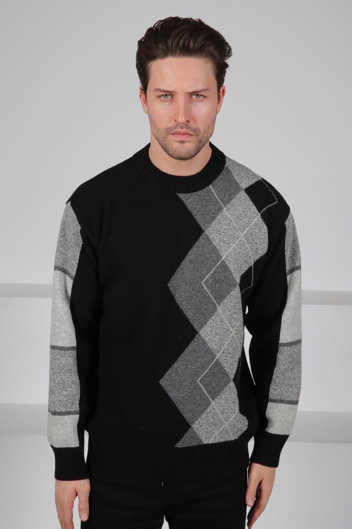 Ferraro Siyah/Füme Bisiklet Yaka Diyagonal Desenli Uzun Kollu %100 Kuzu Yünü Erkek Triko Kazak