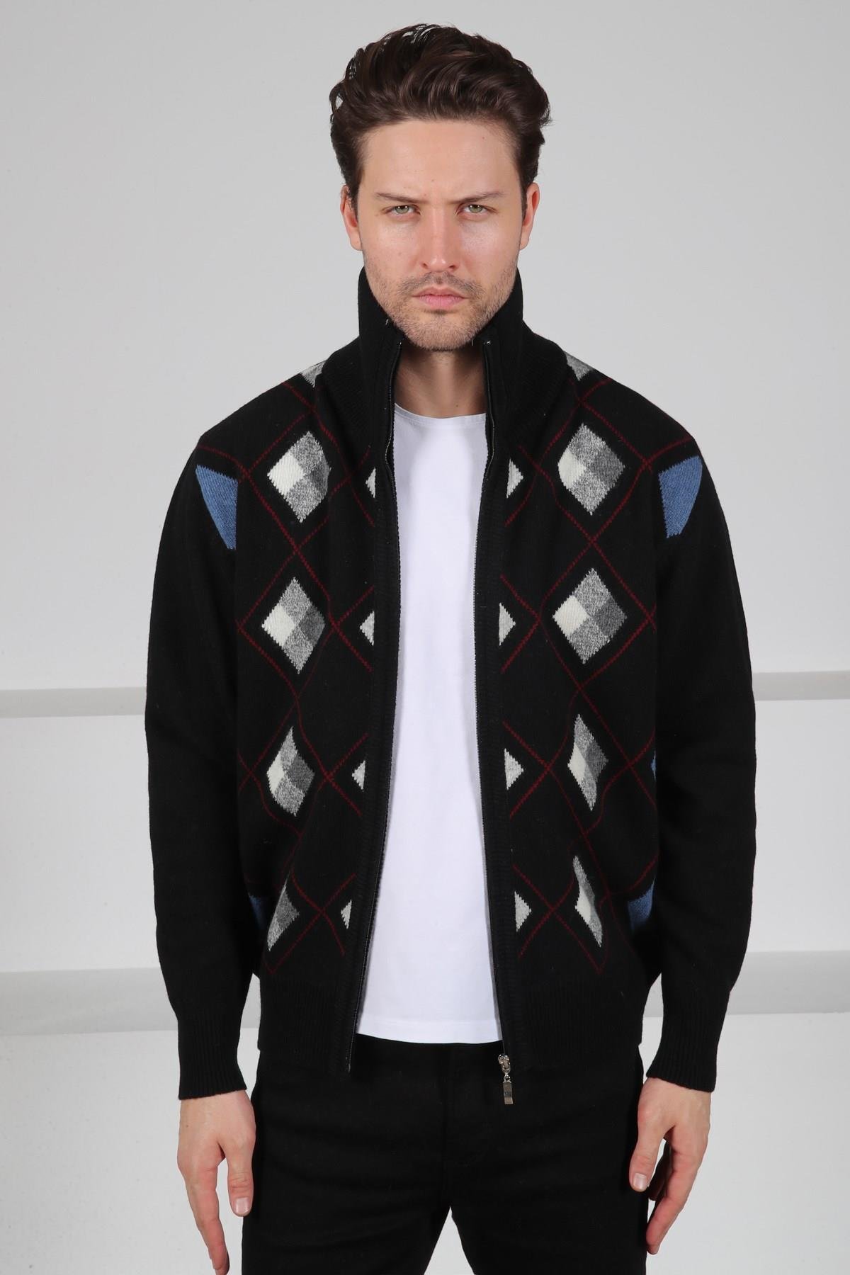 Ferraro Siyah/Gri Balıkçı Yaka Fermuarlı Yeşil Baklava Desenli Uzun Kollu %100 Kuzu Yünü Erkek Triko Ceket