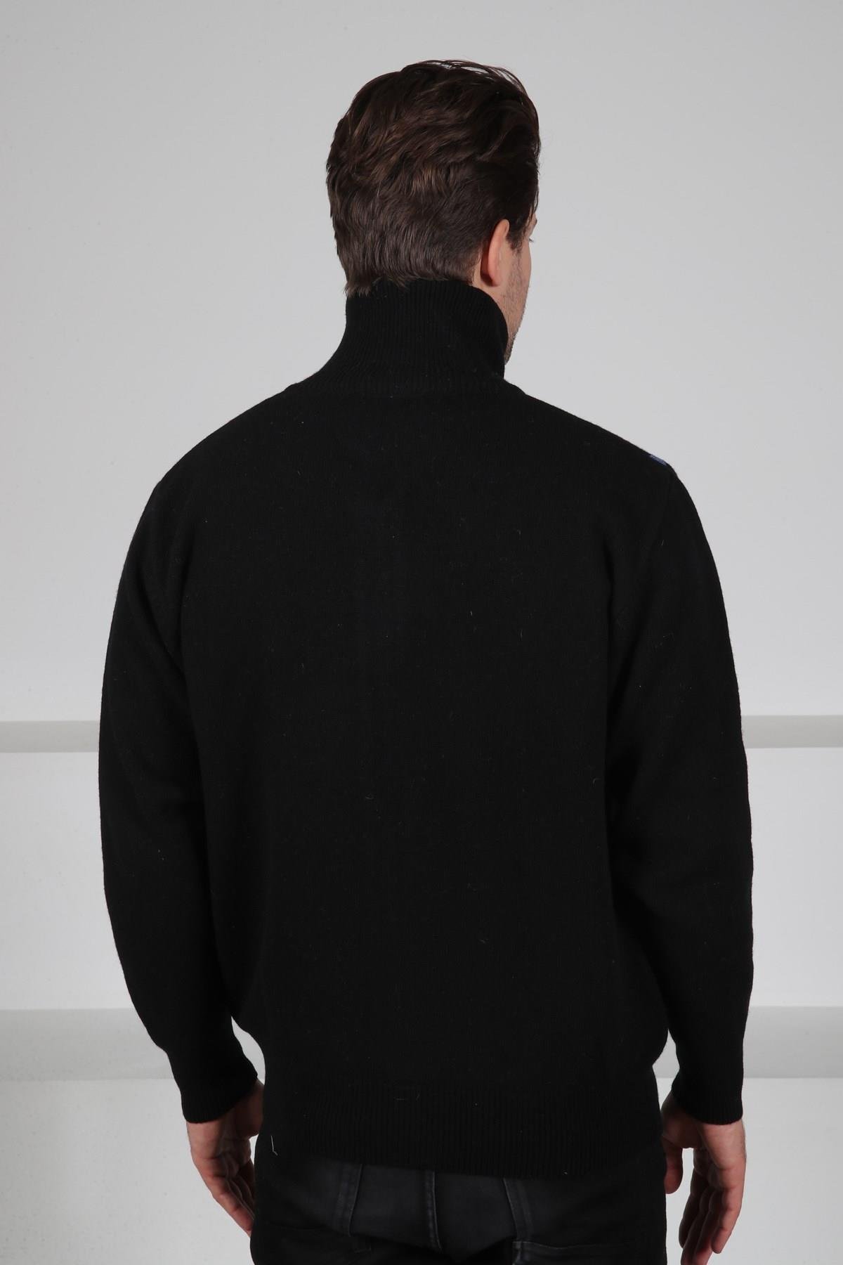 Ferraro Siyah/Gri Balıkçı Yaka Fermuarlı Yeşil Baklava Desenli Uzun Kollu %100 Kuzu Yünü Erkek Triko Ceket