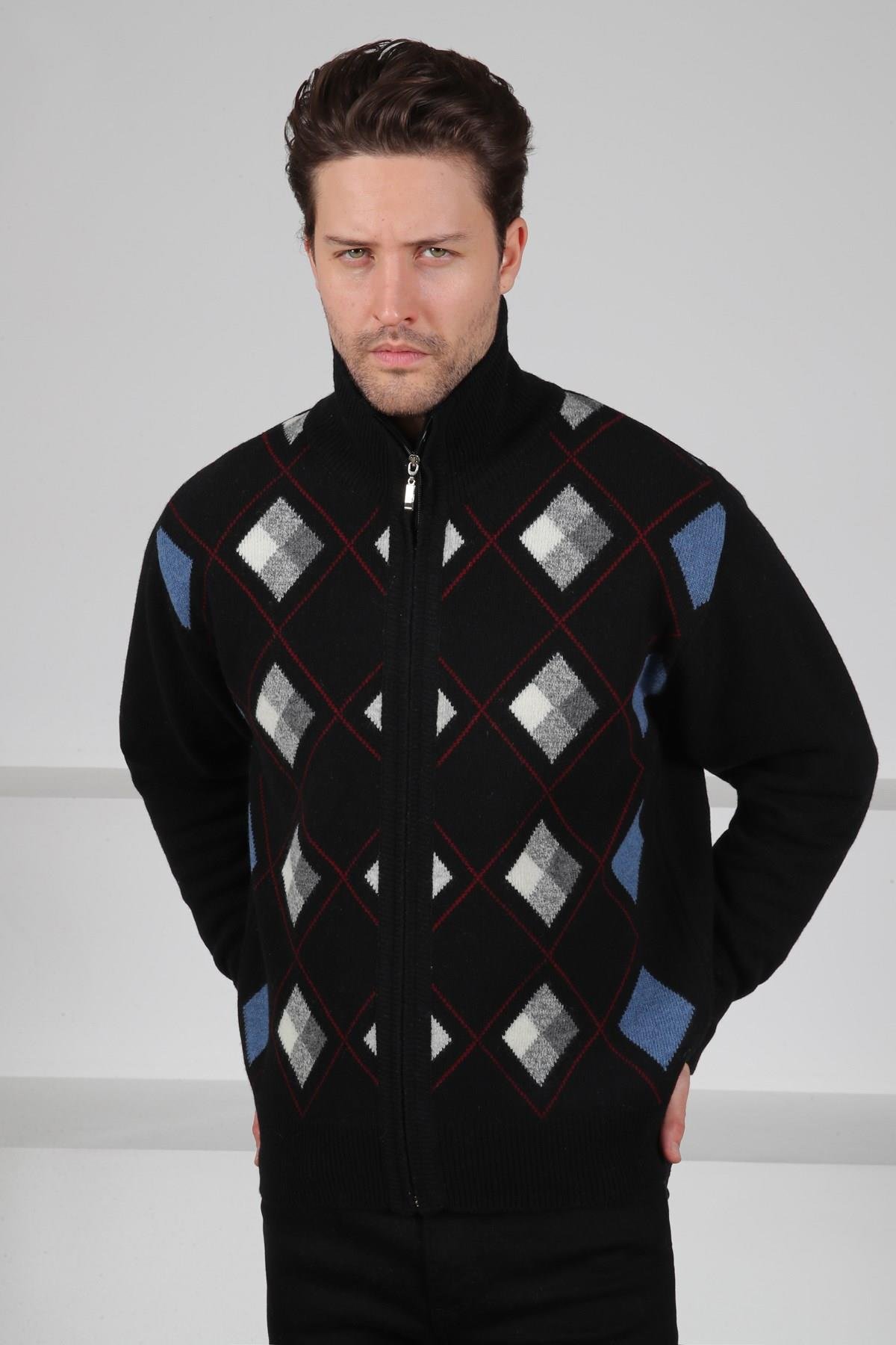 Ferraro Siyah/Gri Balıkçı Yaka Fermuarlı Yeşil Baklava Desenli Uzun Kollu %100 Kuzu Yünü Erkek Triko Ceket
