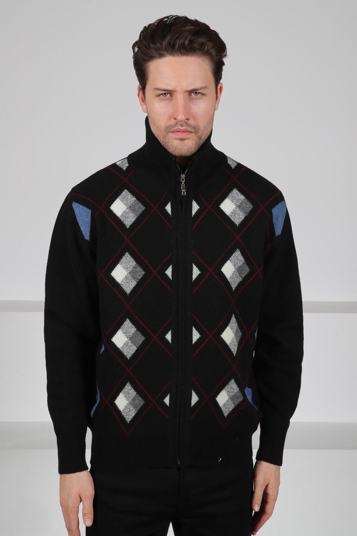 Ferraro Siyah/Gri Balıkçı Yaka Fermuarlı Yeşil Baklava Desenli Uzun Kollu %100 Kuzu Yünü Erkek Triko Ceket