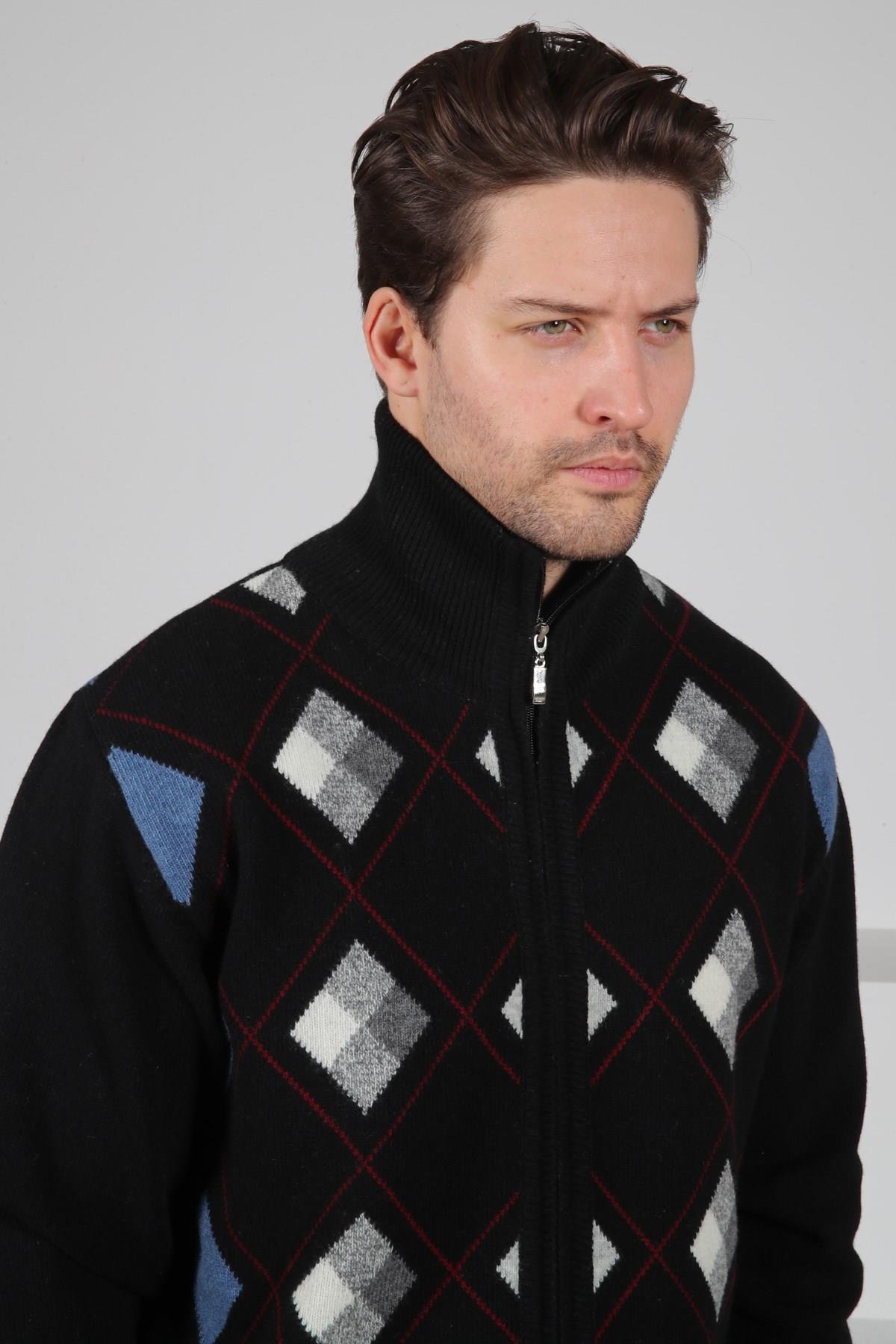 Ferraro Siyah/Gri Balıkçı Yaka Fermuarlı Yeşil Baklava Desenli Uzun Kollu %100 Kuzu Yünü Erkek Triko Ceket