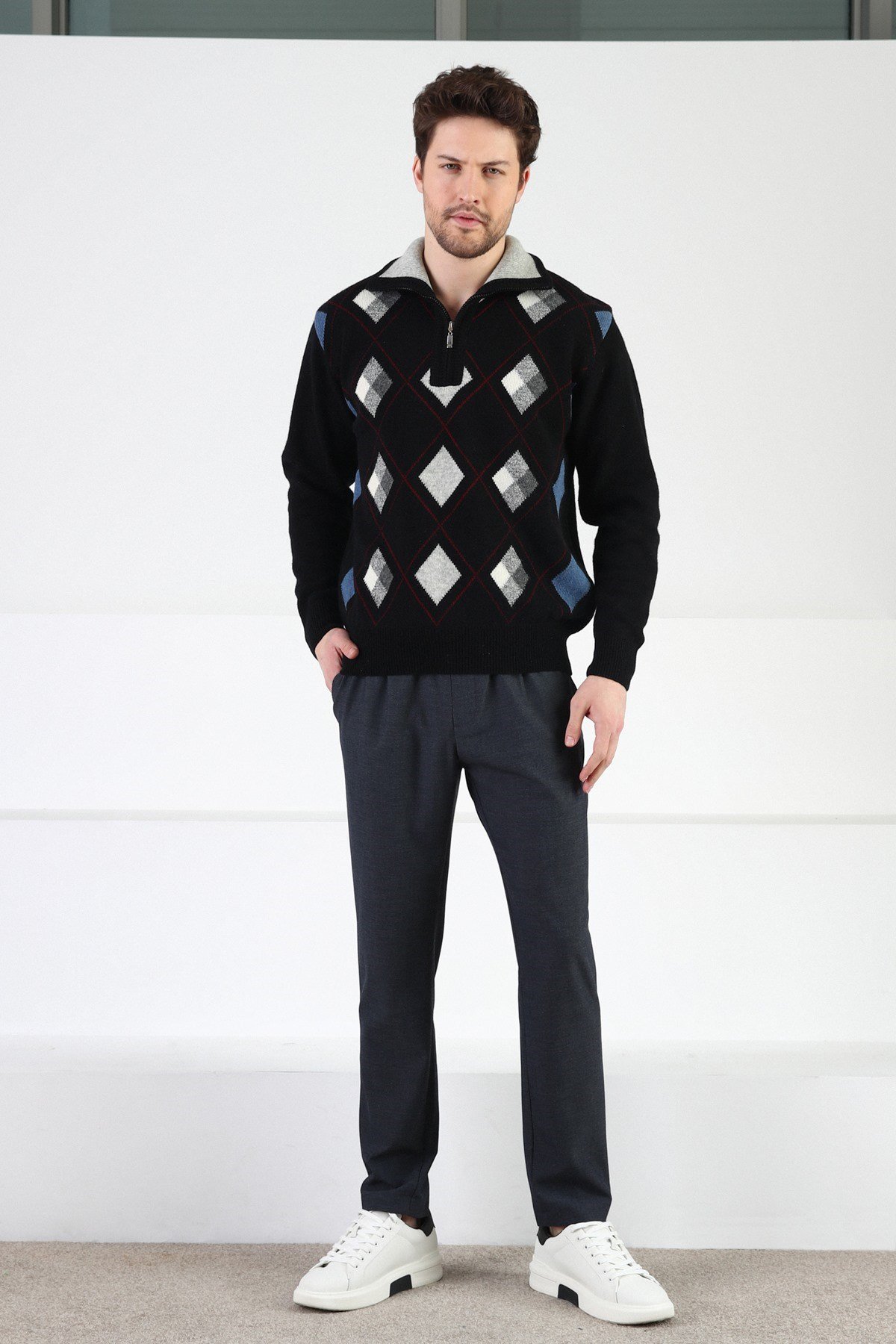 Ferraro Siyah/İndigo Fermuarlı Dik Yaka %100 Kuzu Yünü Erkek Kazak