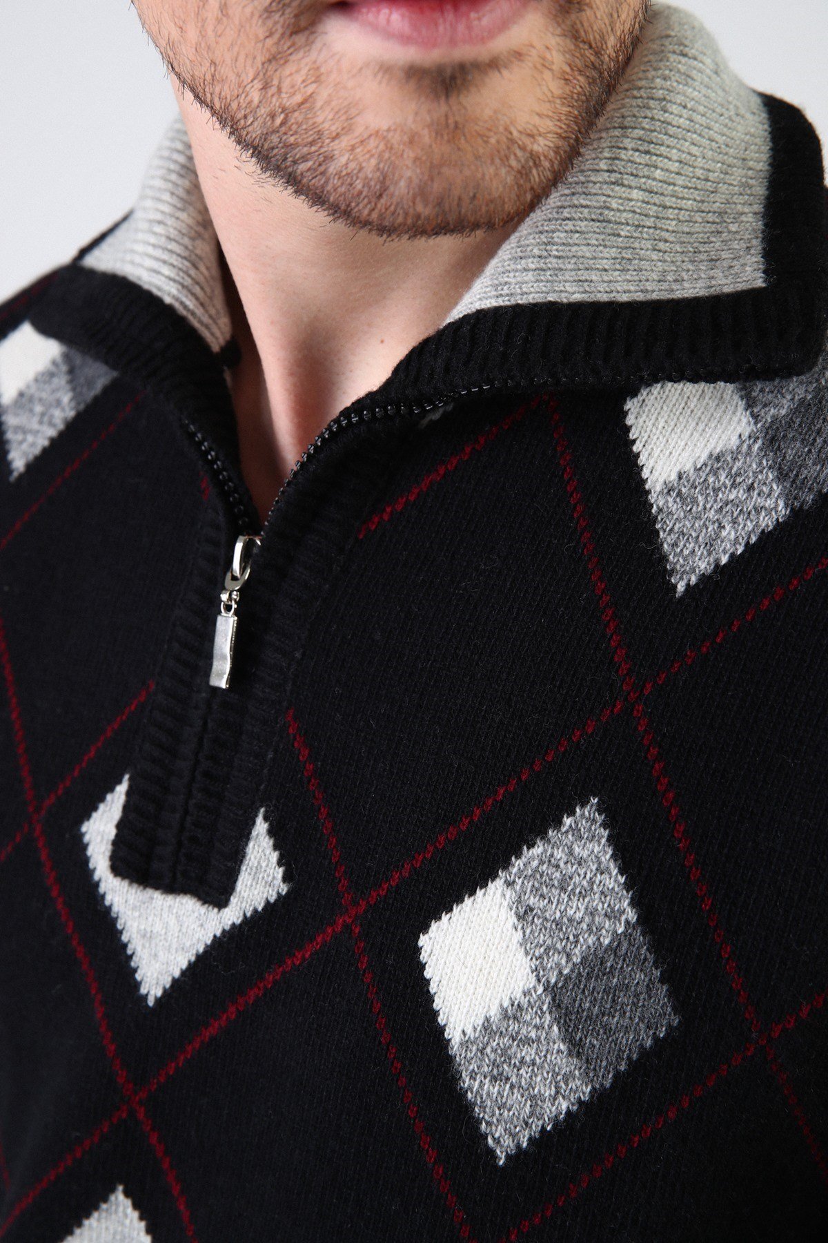 Ferraro Siyah/İndigo Fermuarlı Dik Yaka %100 Kuzu Yünü Erkek Kazak