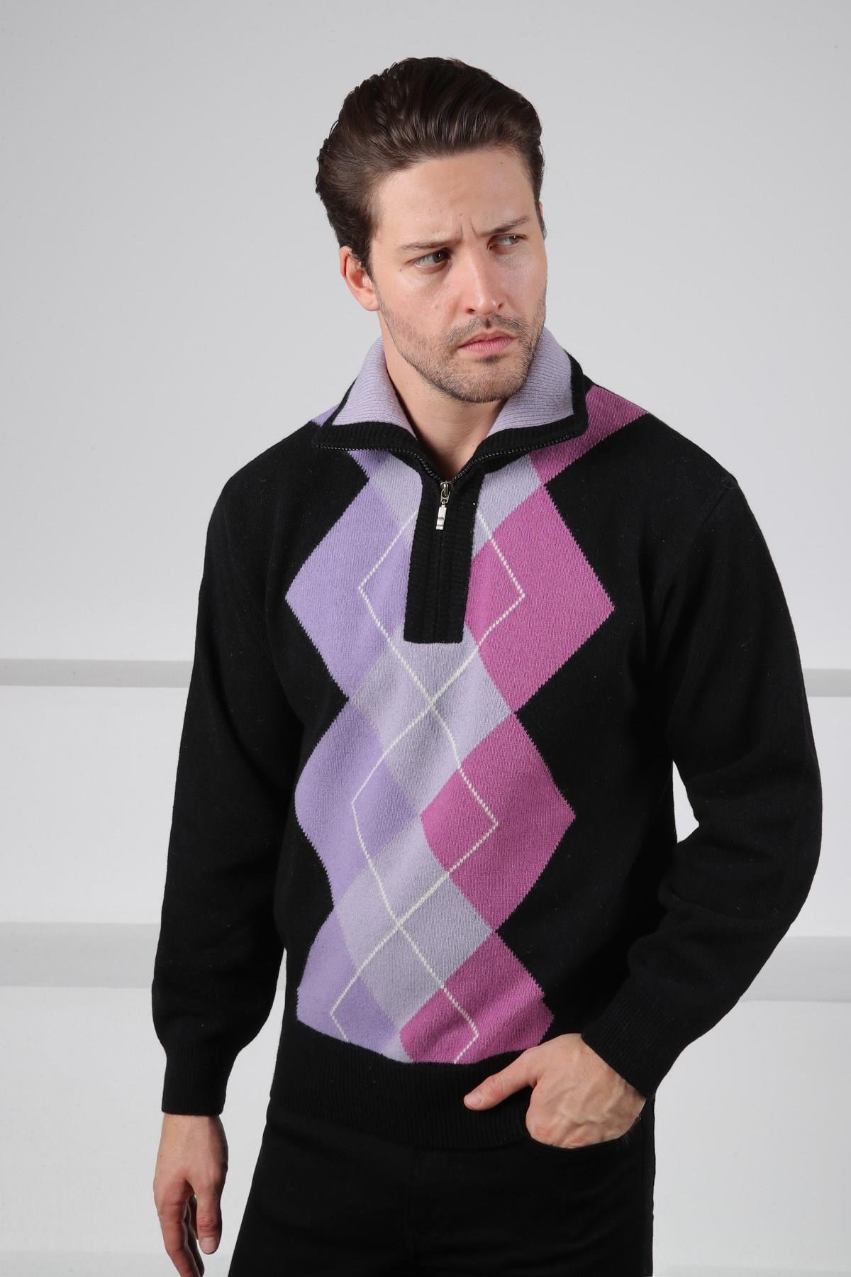 Ferraro Siyah/Lila Balıkçı Yaka Fermuarlı Geometrik Zigzag Desenli Uzun Kollu %100 Kuzu Yünü Erkek Triko Kazak