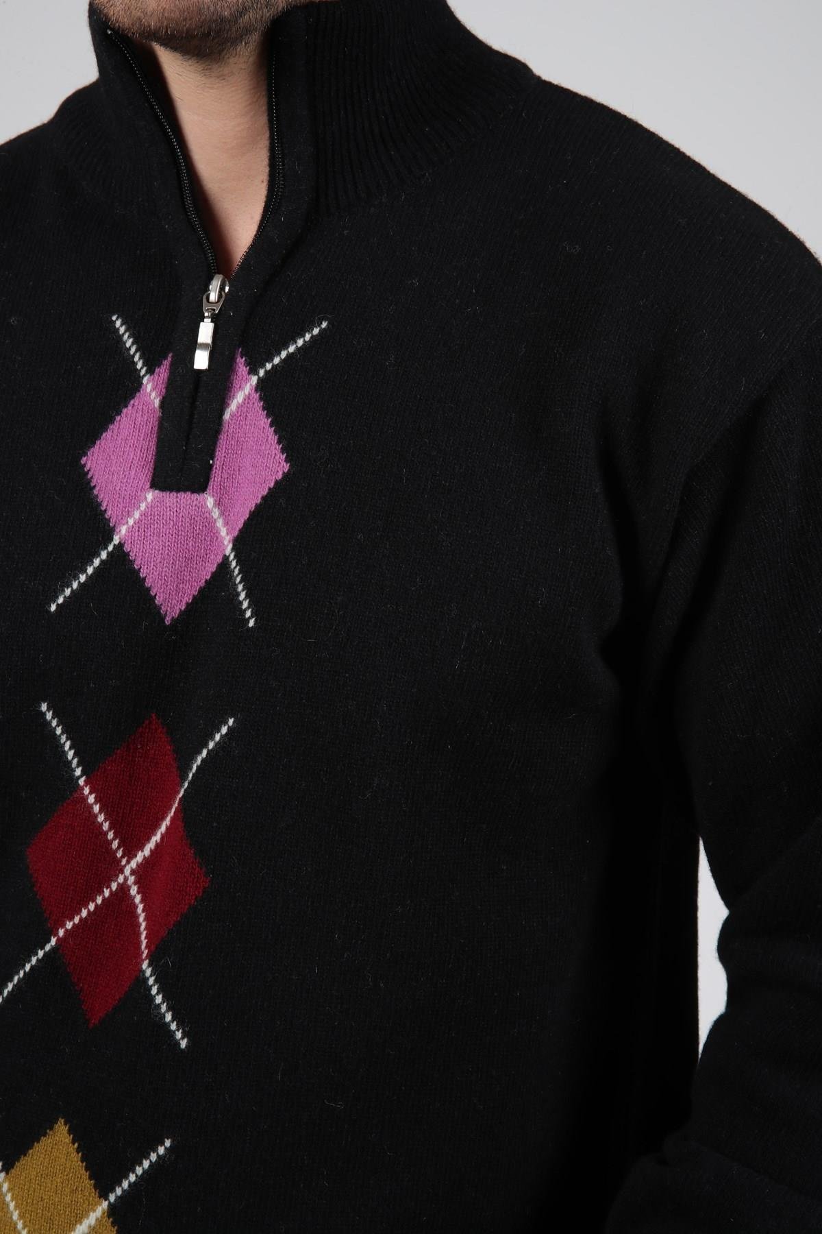 Ferraro Siyah/Lila Balıkçı Yaka Fermuarlı Lila Bordo Desenli Uzun Kollu %100 Kuzu Yünü Erkek Triko Kazak
