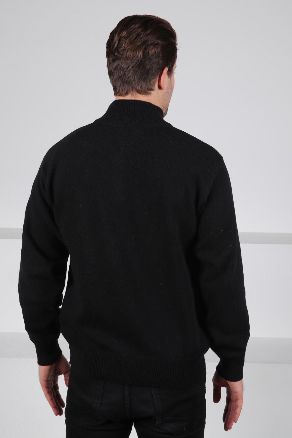 Ferraro Siyah/Lila Balıkçı Yaka Fermuarlı Lila Bordo Desenli Uzun Kollu %100 Kuzu Yünü Erkek Triko Kazak