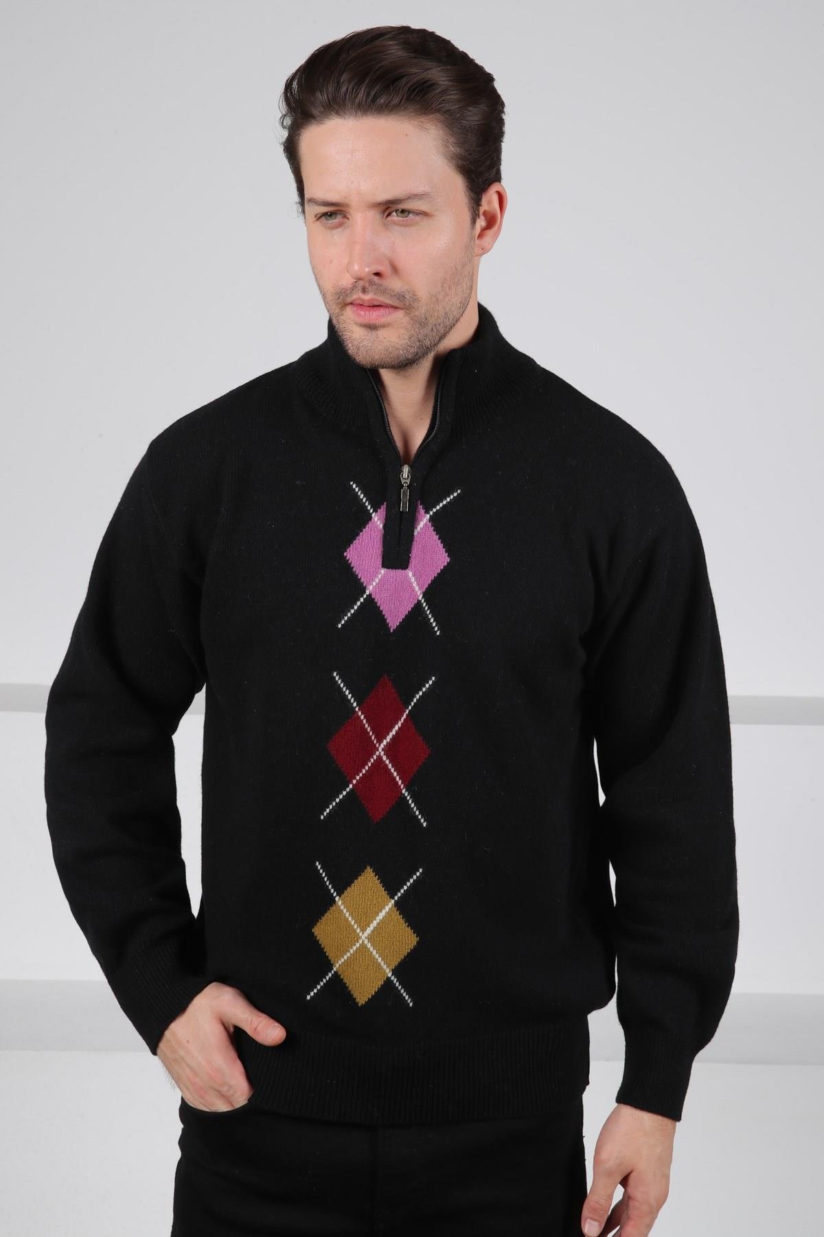Ferraro Siyah/Lila Balıkçı Yaka Fermuarlı Lila Bordo Desenli Uzun Kollu %100 Kuzu Yünü Erkek Triko Kazak