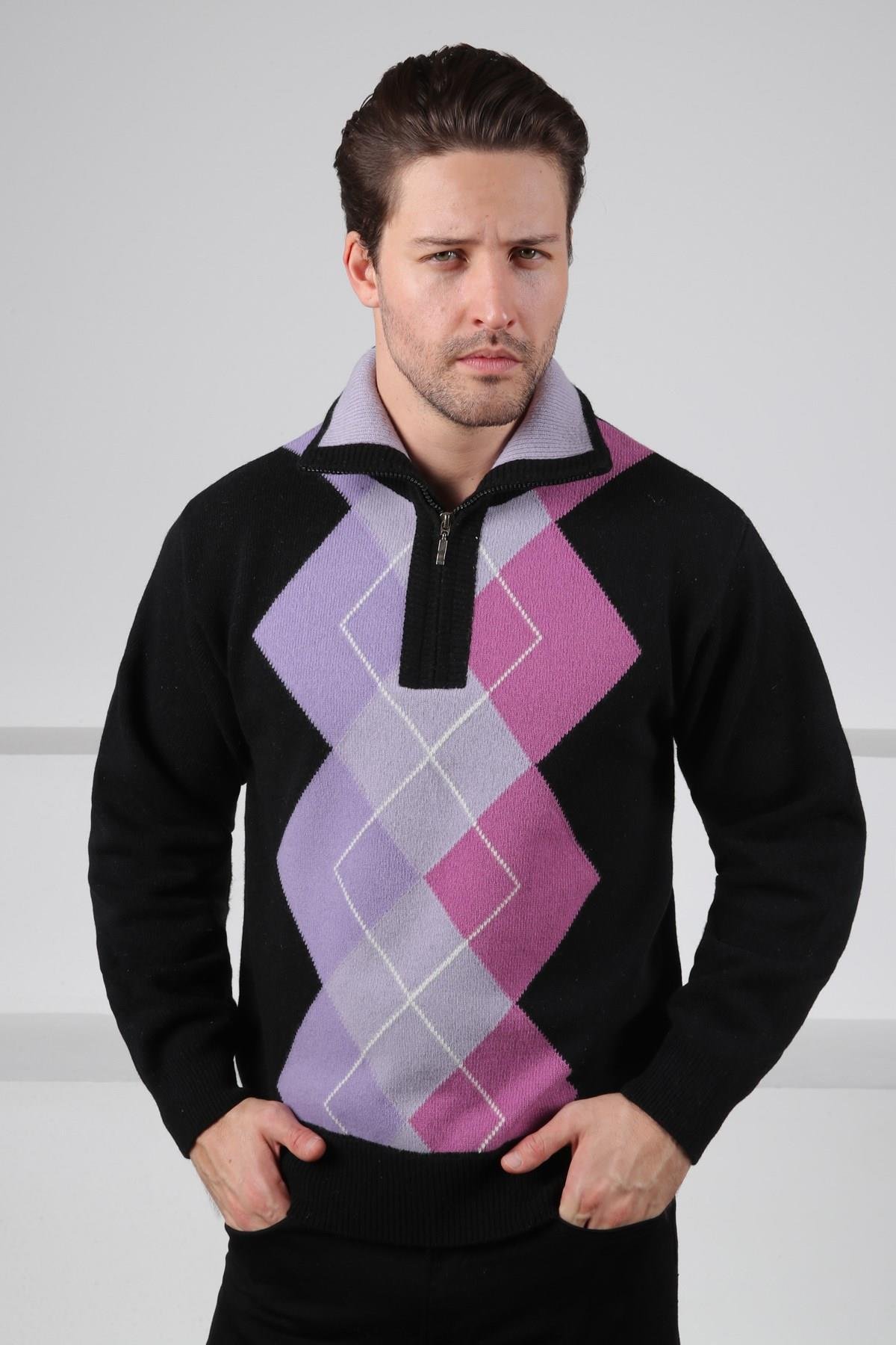 Ferraro Siyah/Lila Balıkçı Yaka Fermuarlı Geometrik Zigzag Desenli Uzun Kollu %100 Kuzu Yünü Erkek Triko Kazak