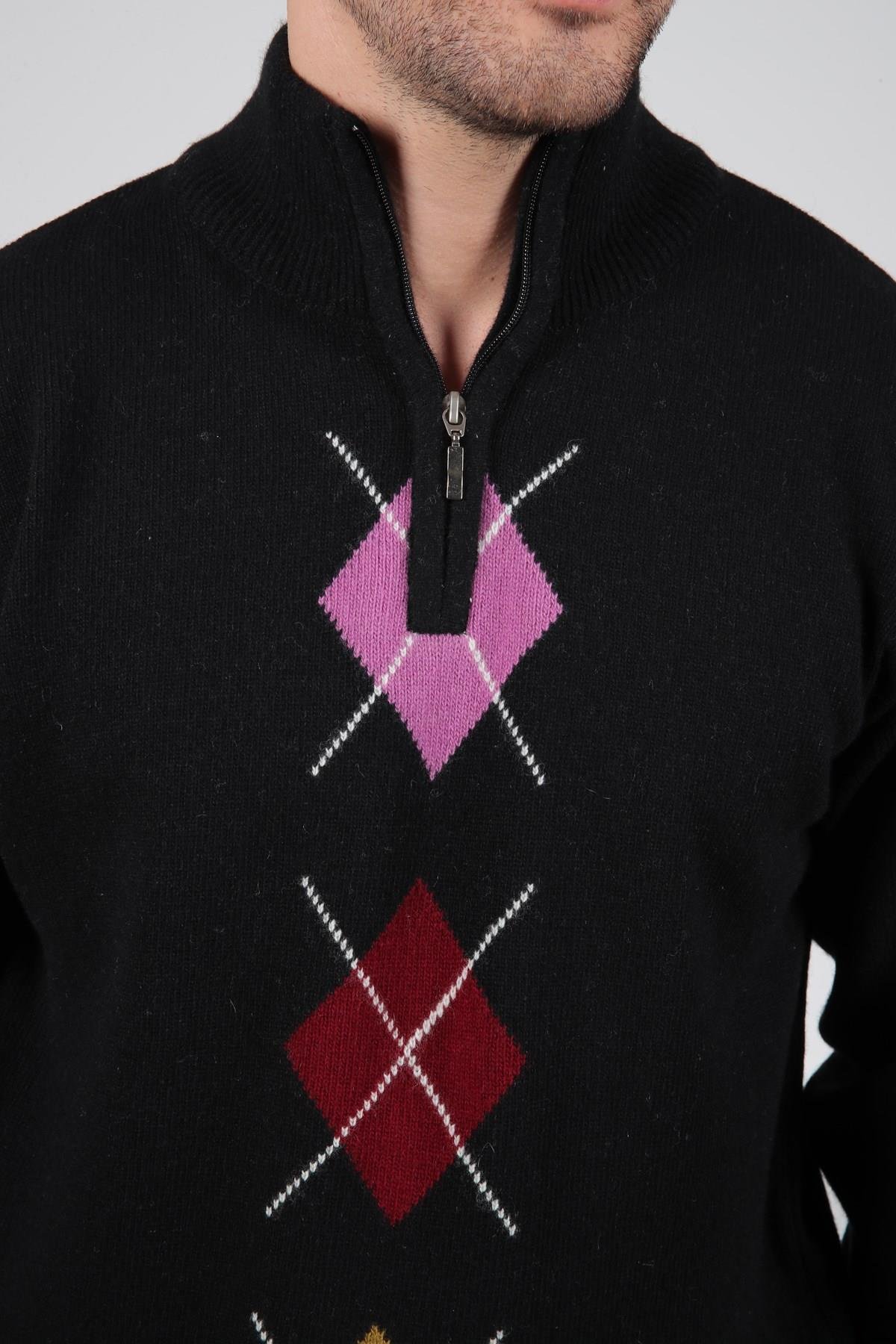 Ferraro Siyah/Lila Balıkçı Yaka Fermuarlı Lila Bordo Desenli Uzun Kollu %100 Kuzu Yünü Erkek Triko Kazak