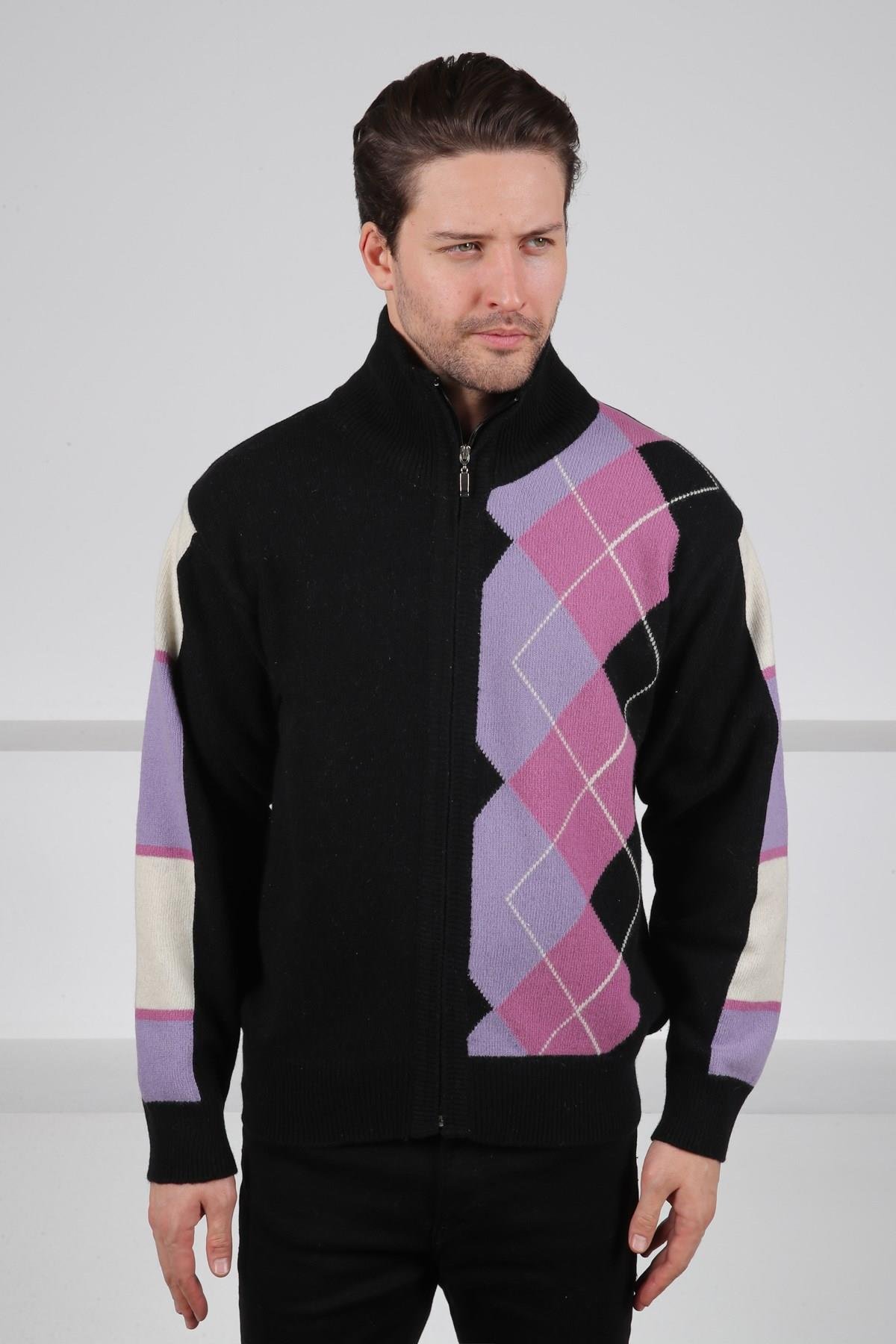 Ferraro Siyah/Lila Balıkçı Yaka Fermuarlı Diyagonal Desenli Uzun Kollu %100 Kuzu Yünü Erkek Triko Ceket