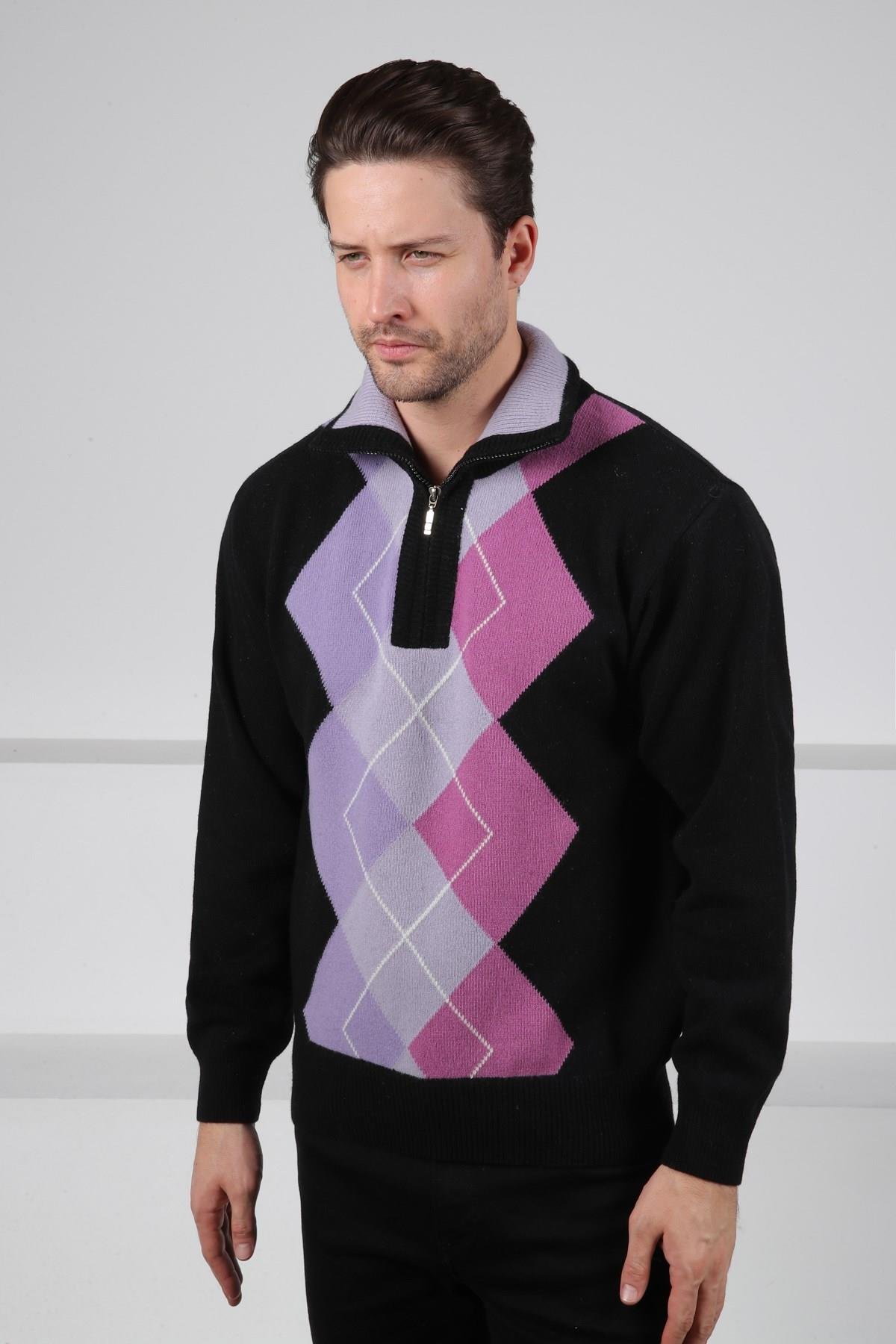 Ferraro Siyah/Lila Balıkçı Yaka Fermuarlı Geometrik Zigzag Desenli Uzun Kollu %100 Kuzu Yünü Erkek Triko Kazak