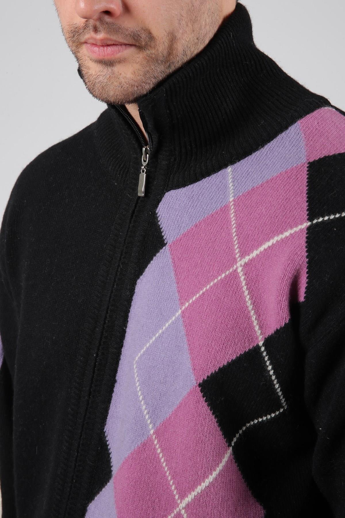 Ferraro Siyah/Lila Balıkçı Yaka Fermuarlı Diyagonal Desenli Uzun Kollu %100 Kuzu Yünü Erkek Triko Ceket