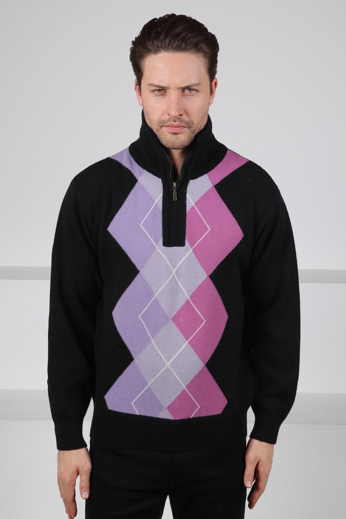 Ferraro Siyah/Lila Balıkçı Yaka Fermuarlı Geometrik Zigzag Desenli Uzun Kollu %100 Kuzu Yünü Erkek Triko Kazak