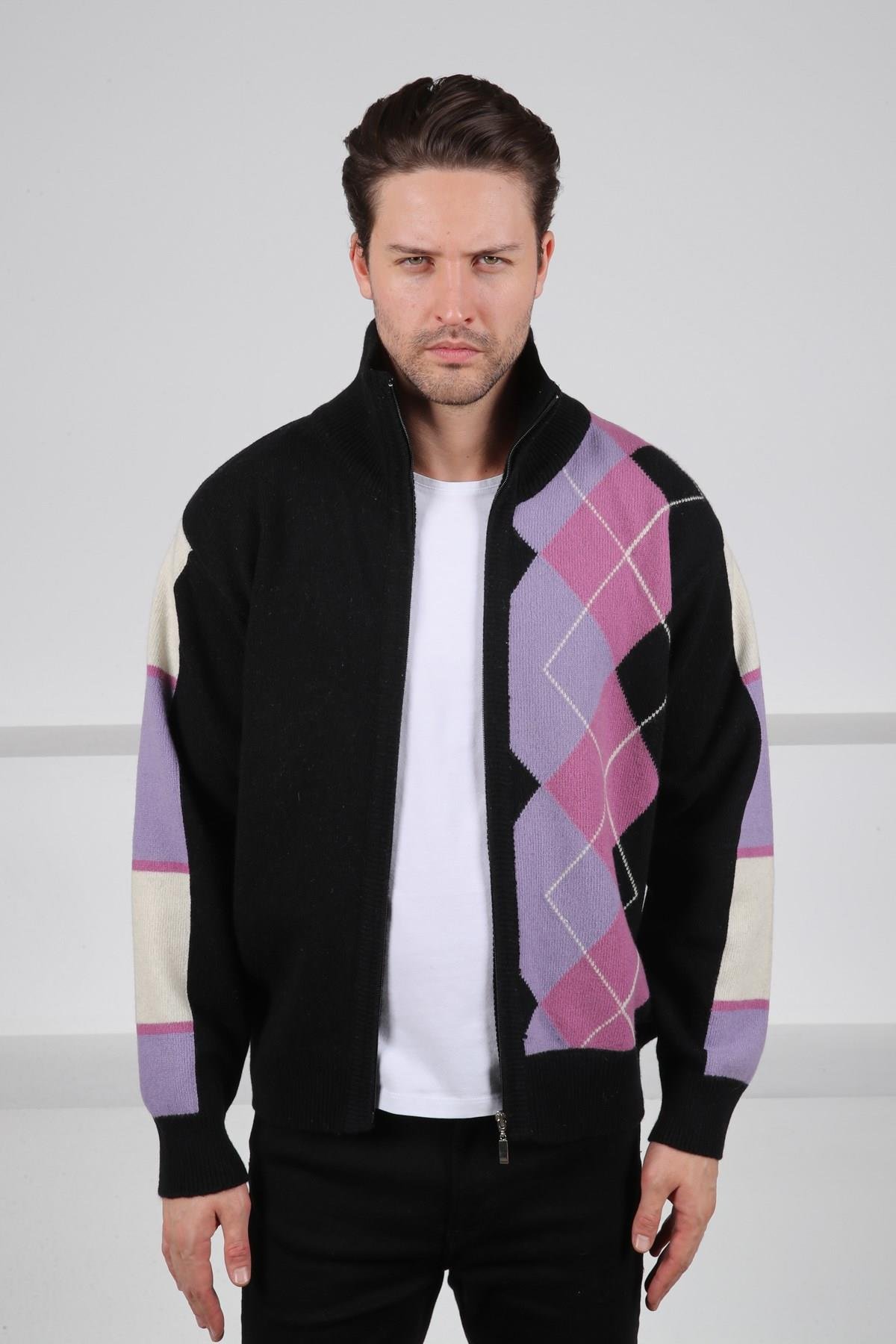 Ferraro Siyah/Lila Balıkçı Yaka Fermuarlı Diyagonal Desenli Uzun Kollu %100 Kuzu Yünü Erkek Triko Ceket