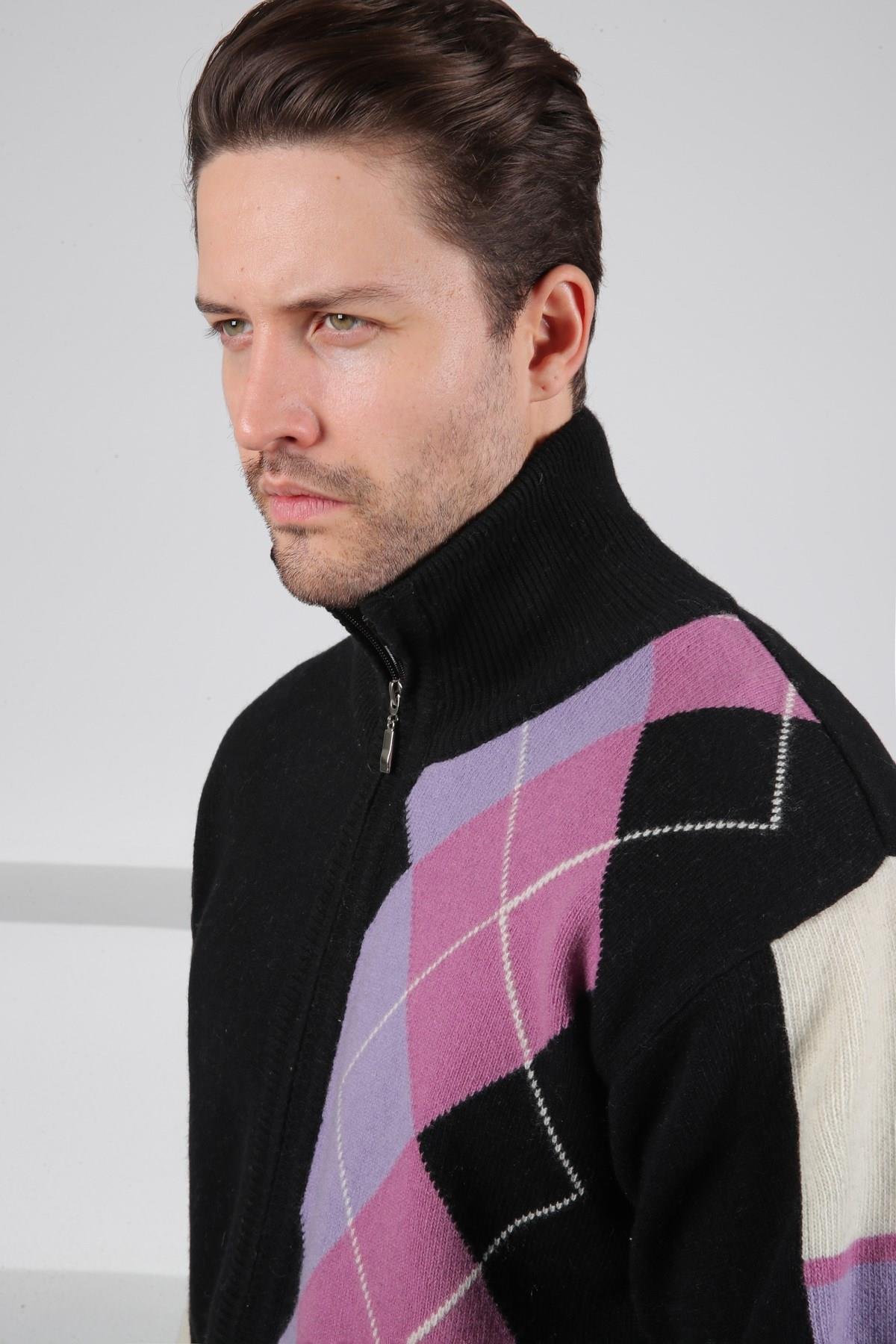 Ferraro Siyah/Lila Balıkçı Yaka Fermuarlı Diyagonal Desenli Uzun Kollu %100 Kuzu Yünü Erkek Triko Ceket