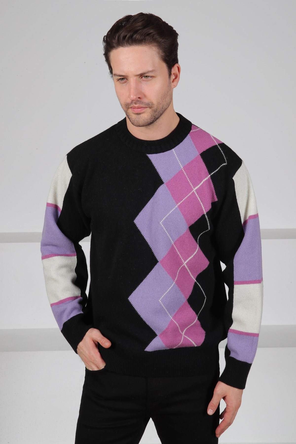 Ferraro Siyah/Lila Bisiklet Yaka Diyagonal Desenli Uzun Kollu %100 Kuzu Yünü Erkek Triko Kazak