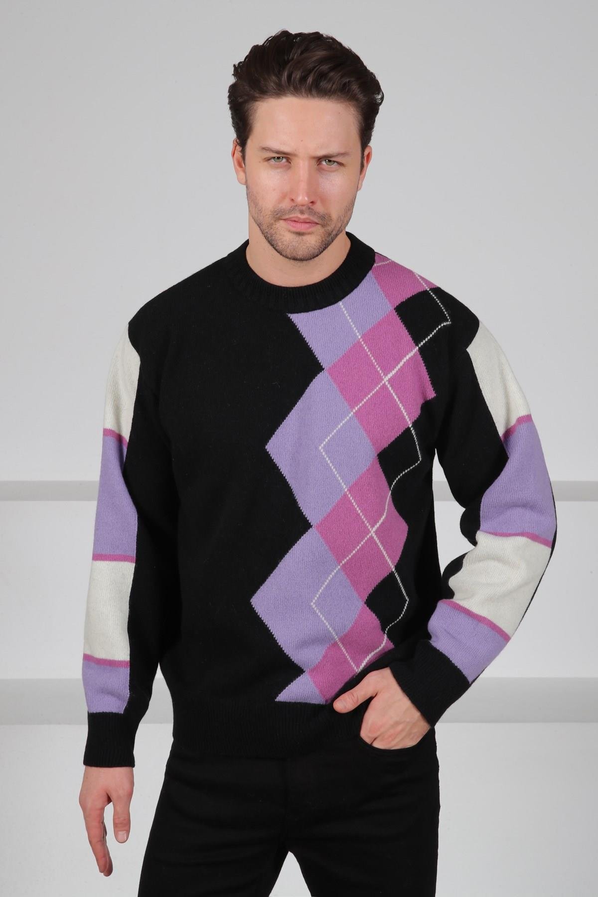 Ferraro Siyah/Lila Bisiklet Yaka Diyagonal Desenli Uzun Kollu %100 Kuzu Yünü Erkek Triko Kazak