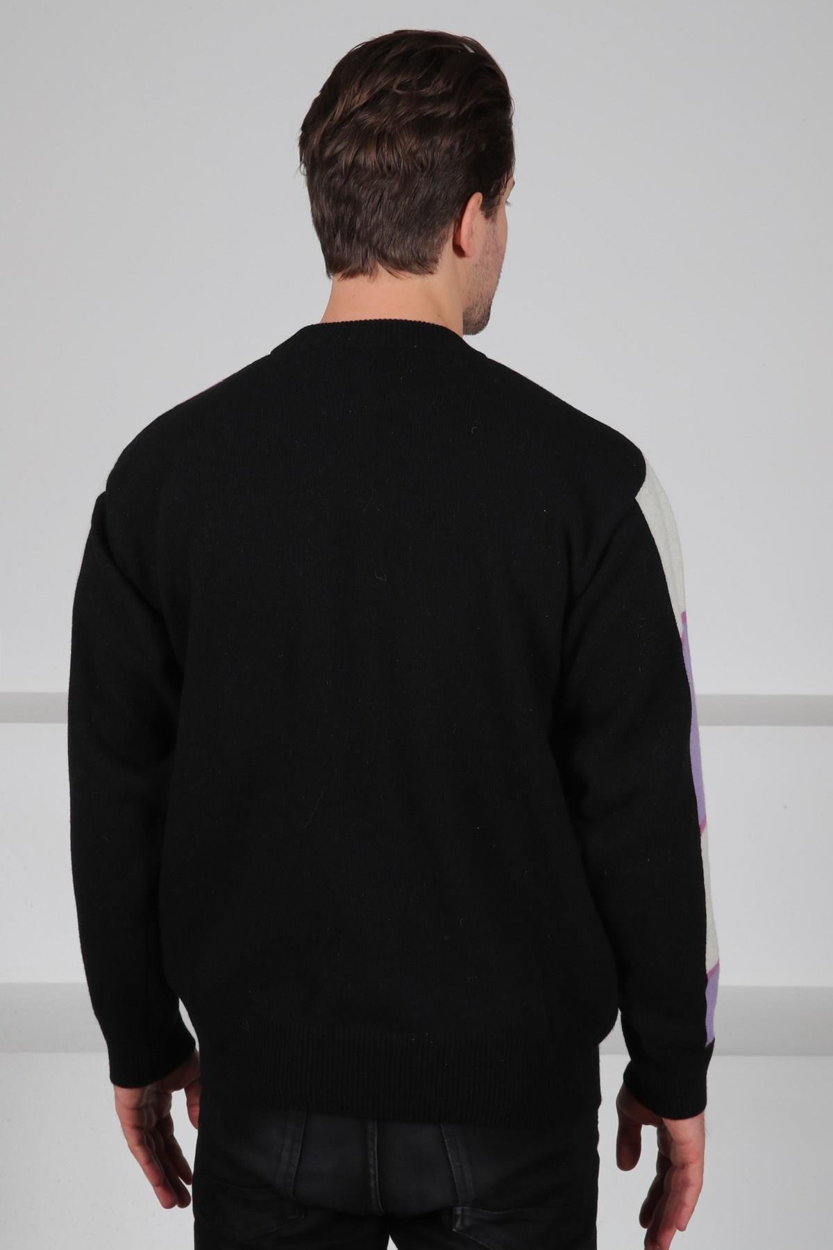 Ferraro Siyah/Lila Bisiklet Yaka Diyagonal Desenli Uzun Kollu %100 Kuzu Yünü Erkek Triko Kazak