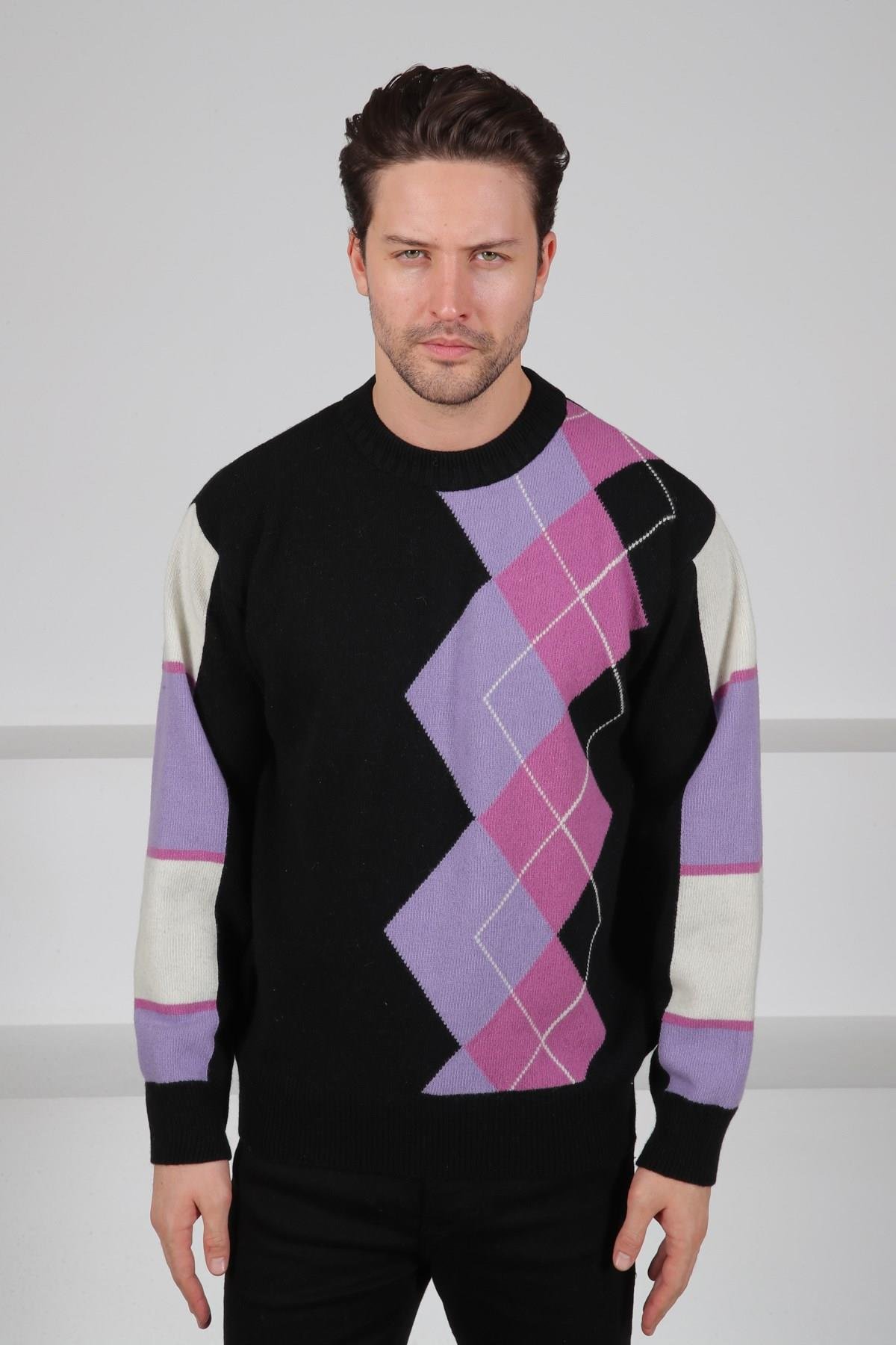 Ferraro Siyah/Lila Bisiklet Yaka Diyagonal Desenli Uzun Kollu %100 Kuzu Yünü Erkek Triko Kazak