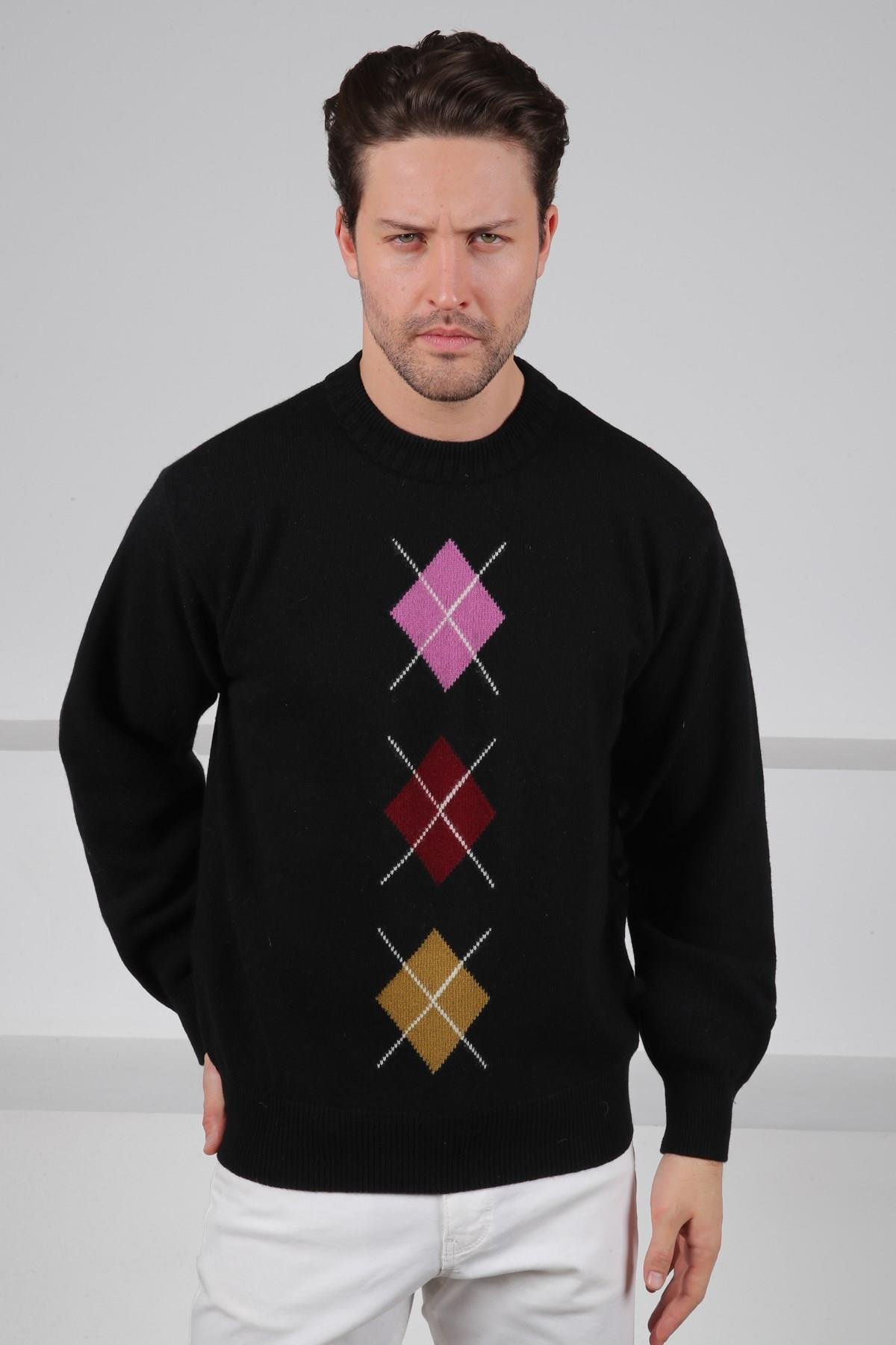 Ferraro Siyah/Lila Bisiklet Yaka Lila Bordo Desenli Uzun Kollu %100 Kuzu Yünü Erkek Triko Kazak