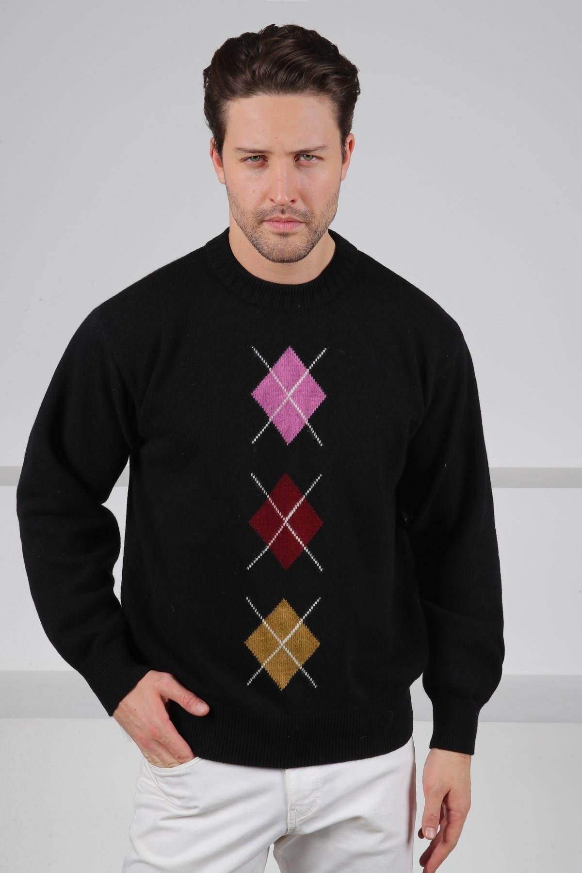 Ferraro Siyah/Lila Bisiklet Yaka Lila Bordo Desenli Uzun Kollu %100 Kuzu Yünü Erkek Triko Kazak
