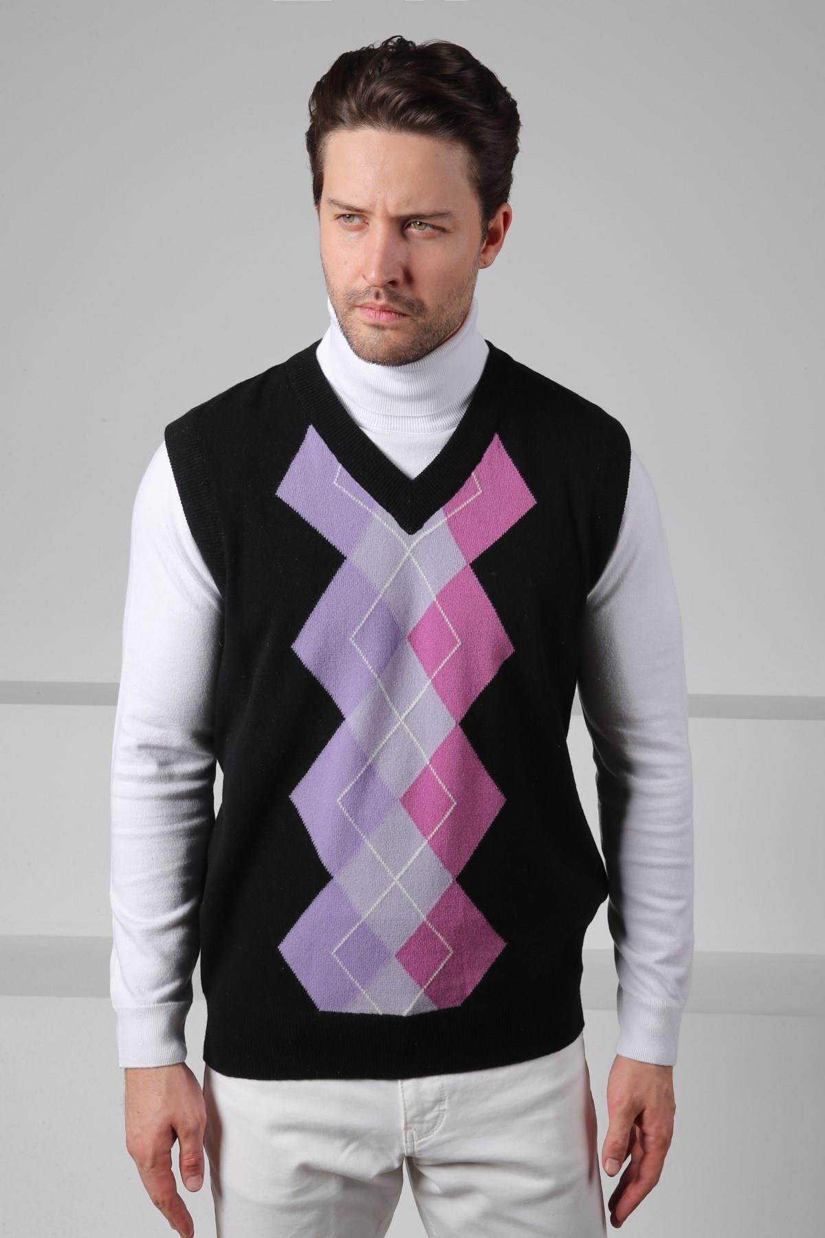 Ferraro Siyah/Lila V Yaka Diyagonal Desenli Uzun Kollu %100 Kuzu Yünü Erkek Triko Süveter