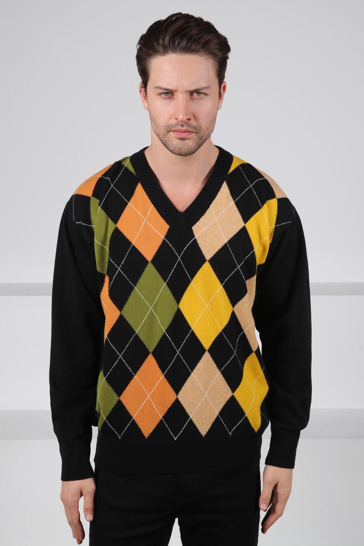 Ferraro Siyah/Turuncu V Yaka Çok Renkli Baklava Desenli Uzun Kollu %100 Kuzu Yünü Erkek Triko Kazak