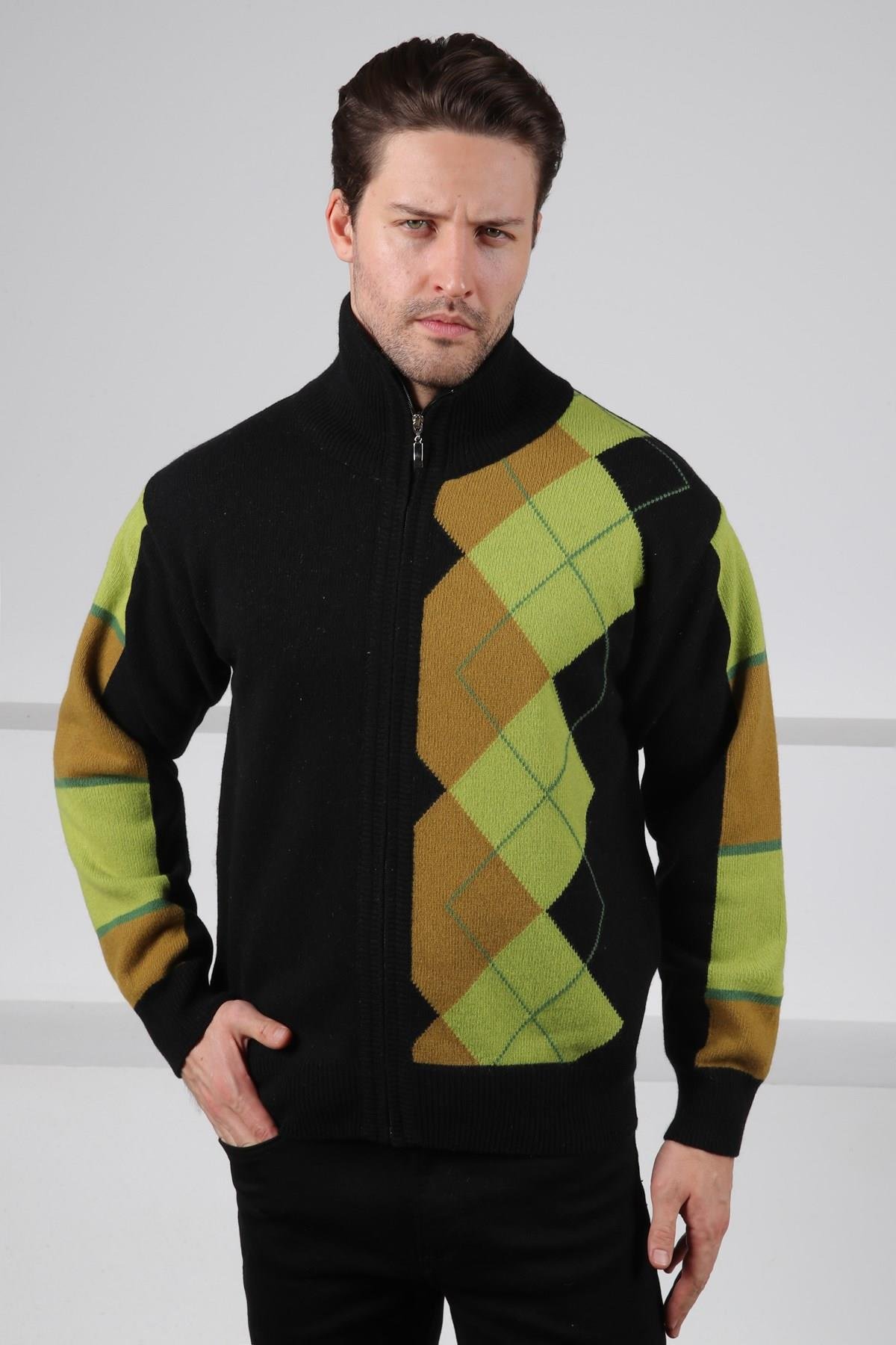 Ferraro Siyah/Yeşil Balıkçı Yaka Fermuarlı Diyagonal Desenli Uzun Kollu %100 Kuzu Yünü Erkek Triko Ceket