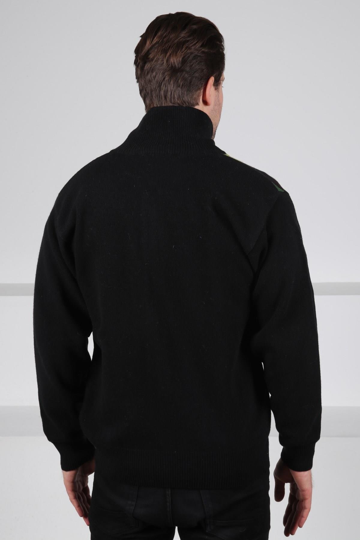 Ferraro Siyah/Yeşil Balıkçı Yaka Fermuarlı Yeşil Baklava Desenli Uzun Kollu %100 Kuzu Yünü Erkek Triko Ceket